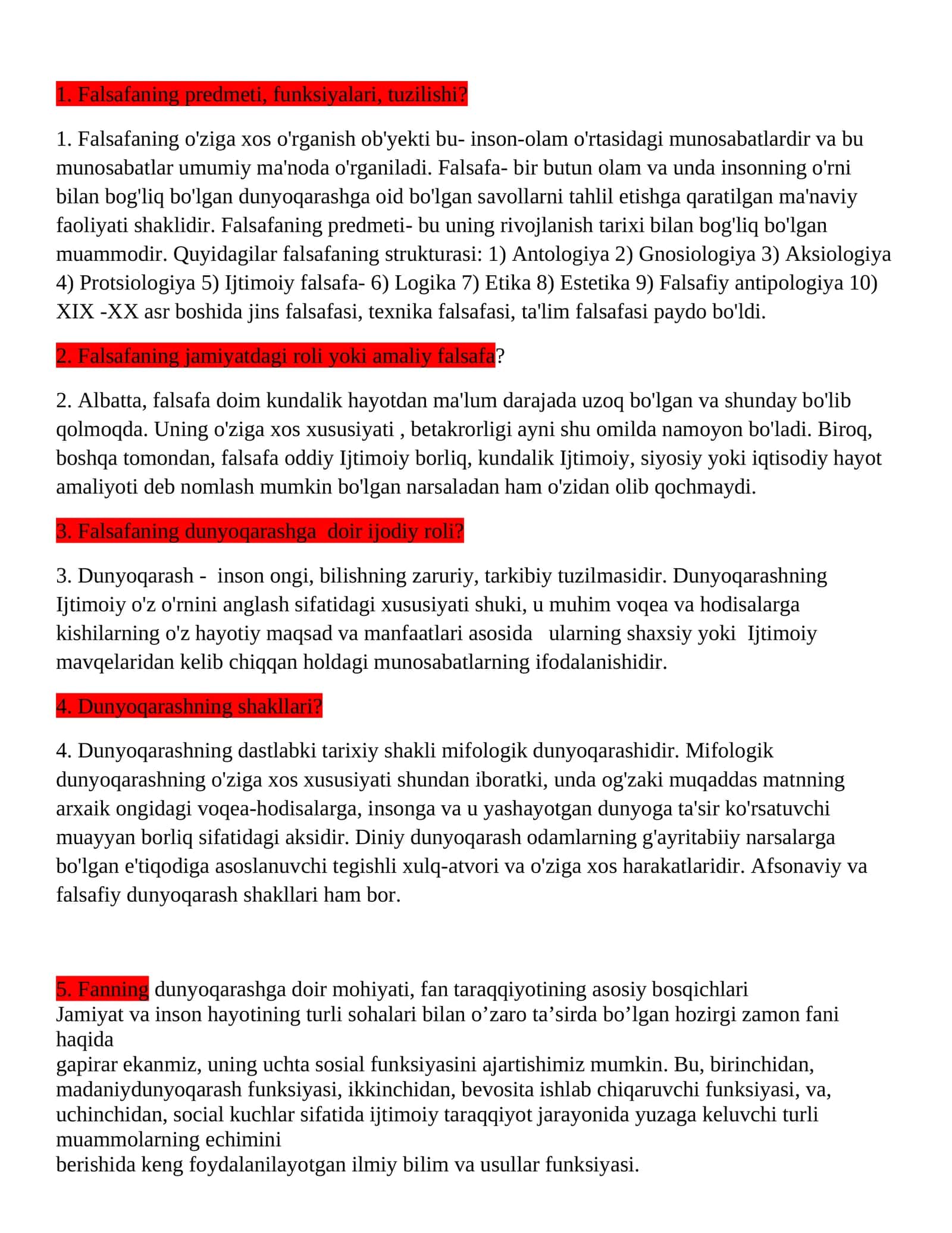 Falsafaning predmeti, funksiyalari, tuzilishi