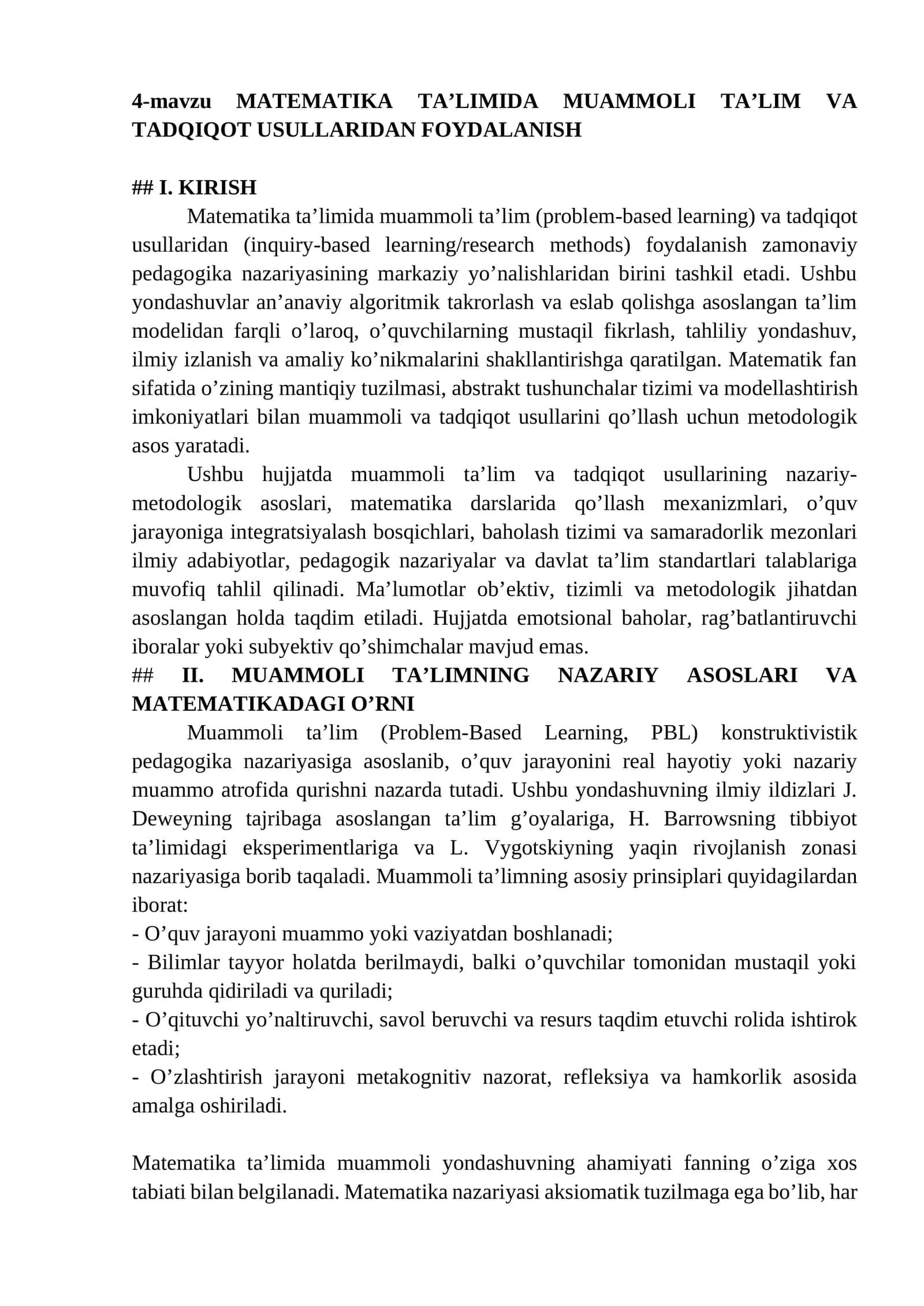MATEMATIKA TA’LIMIDA MUAMMOLI TA’LIM VA TADQIQOT USULLARIDAN FOYDALANISH