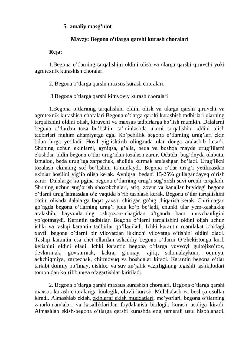 Begona o’tlarga qarshi kurash choralari