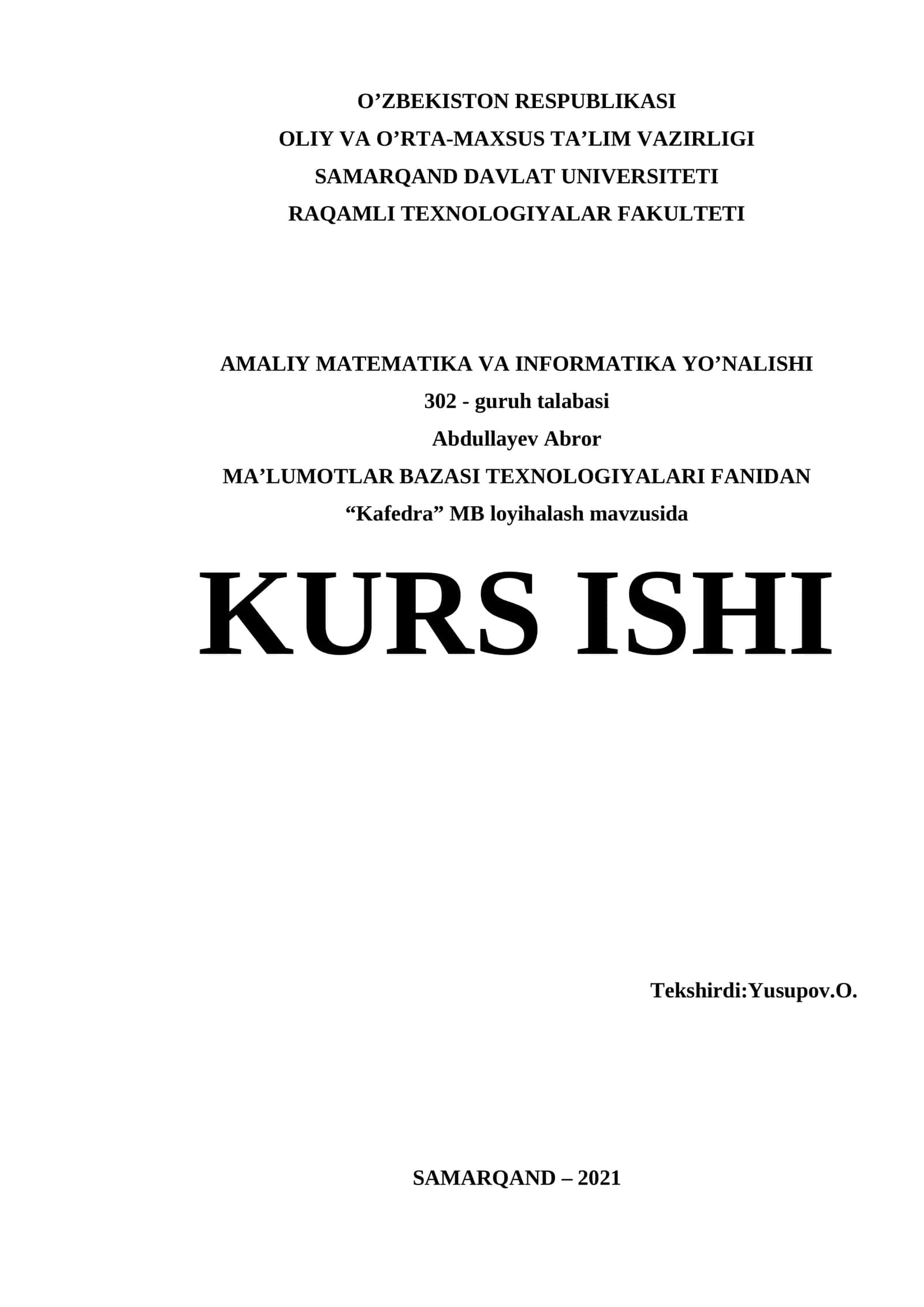 "Kafedra" MB loyihalash mavzusida KURS ISHI