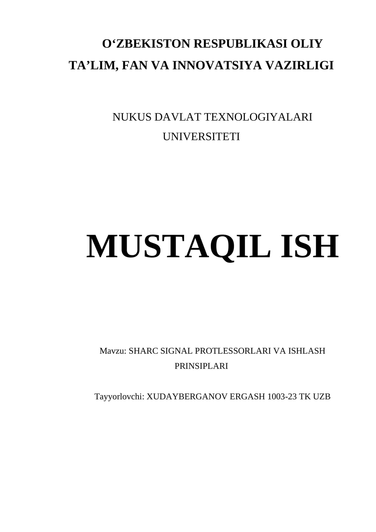 SHARC SIGNAL PROTLESSORLARI VA ISHLASH PRINSIPLARI