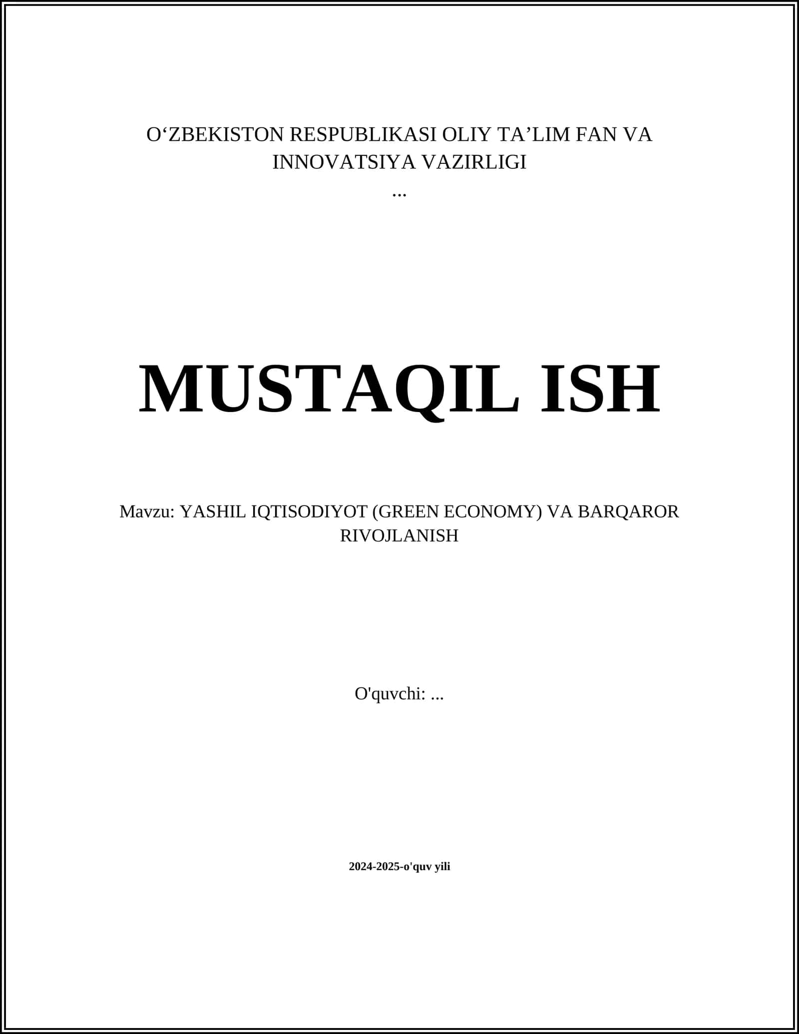 YASHIL IQTISODIYOT (GREEN ECONOMY) VA BARQAROR RIVOJLANISH