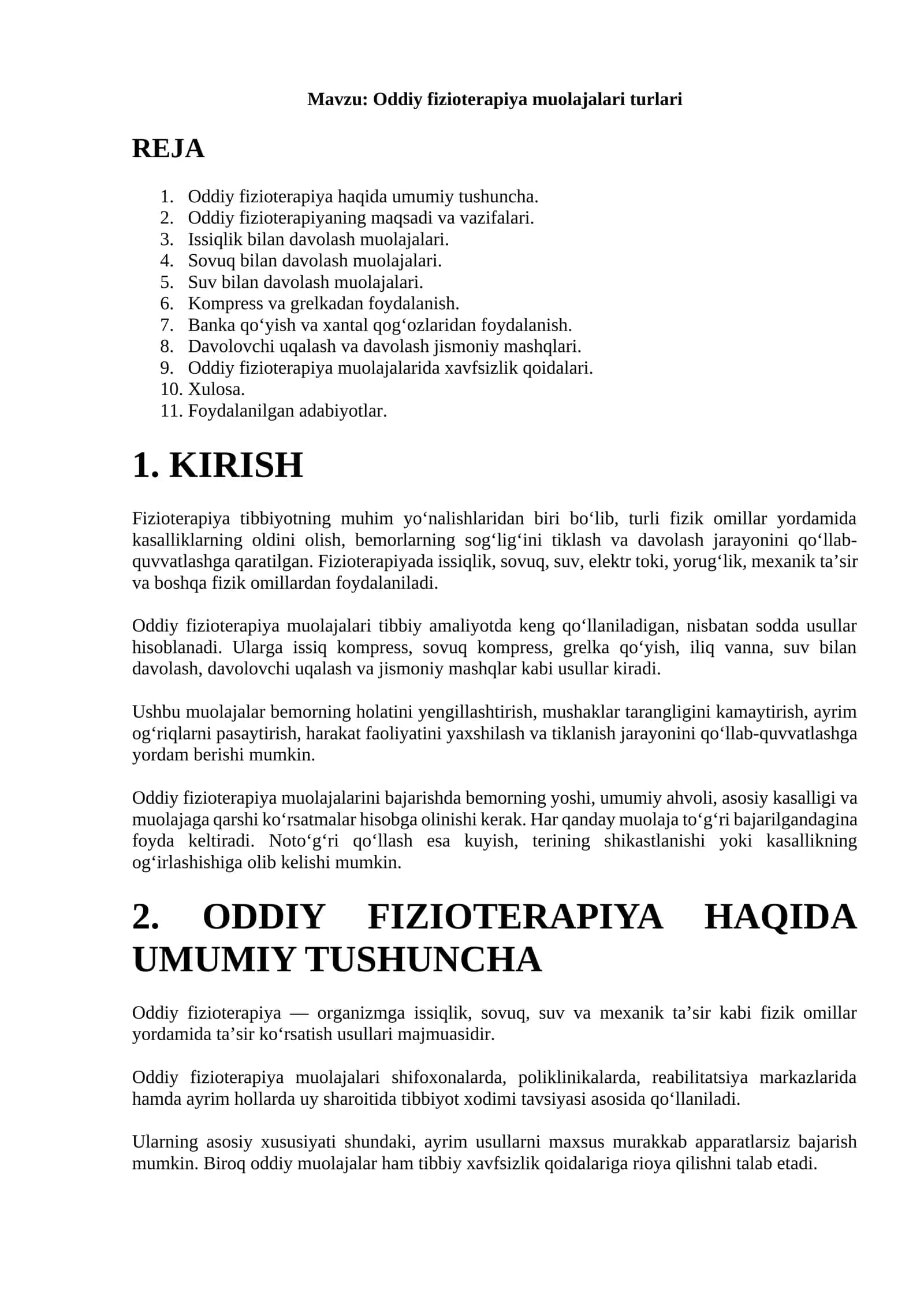 Oddiy fizioterapiya muolajalari turlari