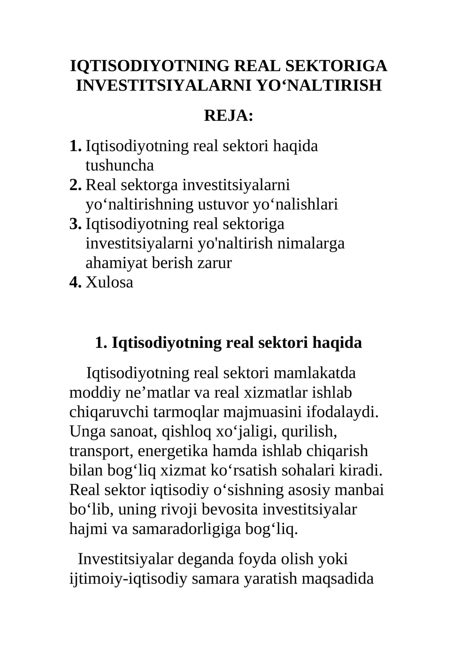 IQTISODIYOTNING REAL SEKTORIGA INVESTITSIYALARNI YO‘NALTIRISH
