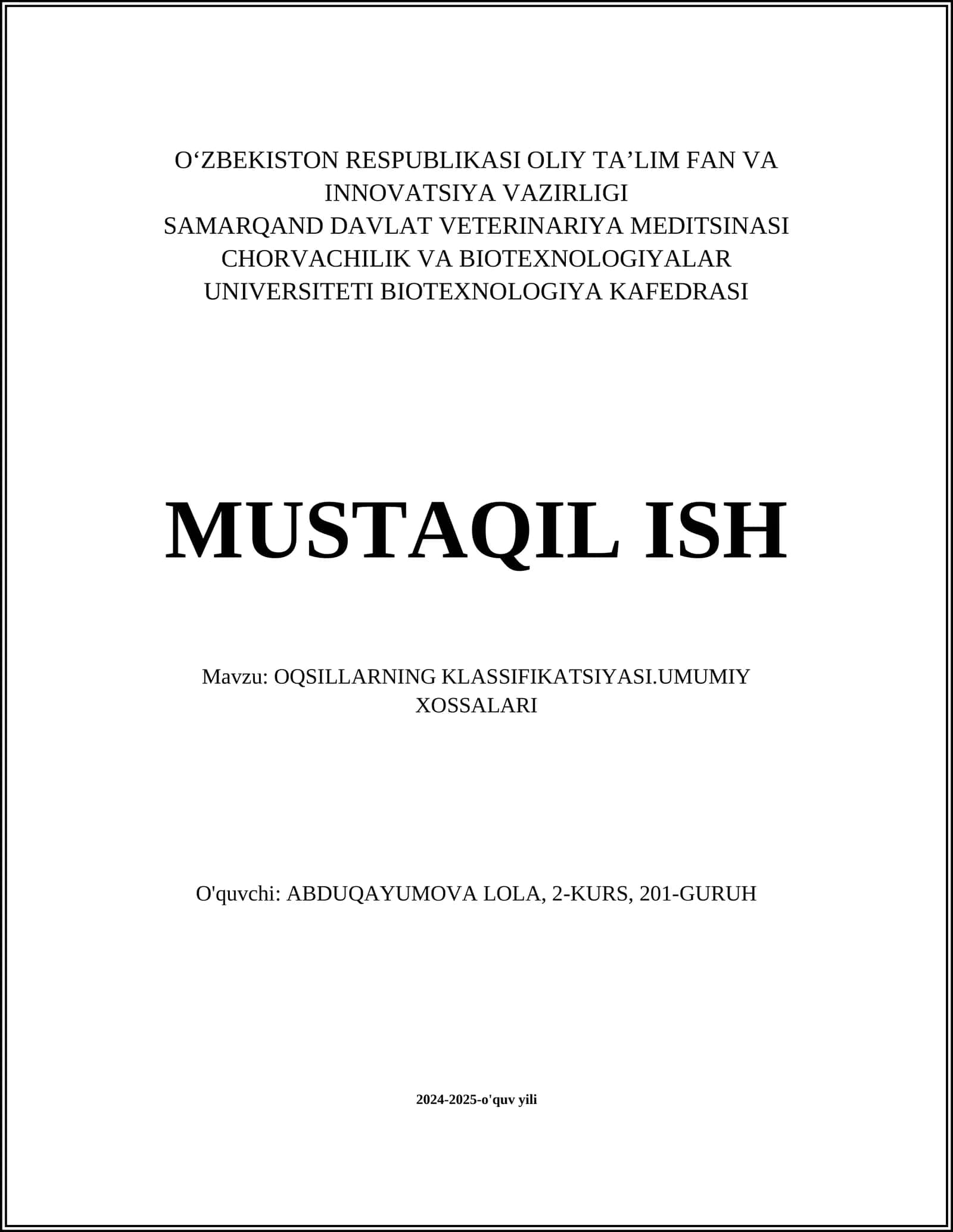 OQSILLARNING KLASSIFIKATSIYASI.UMUMIY XOSSALARI