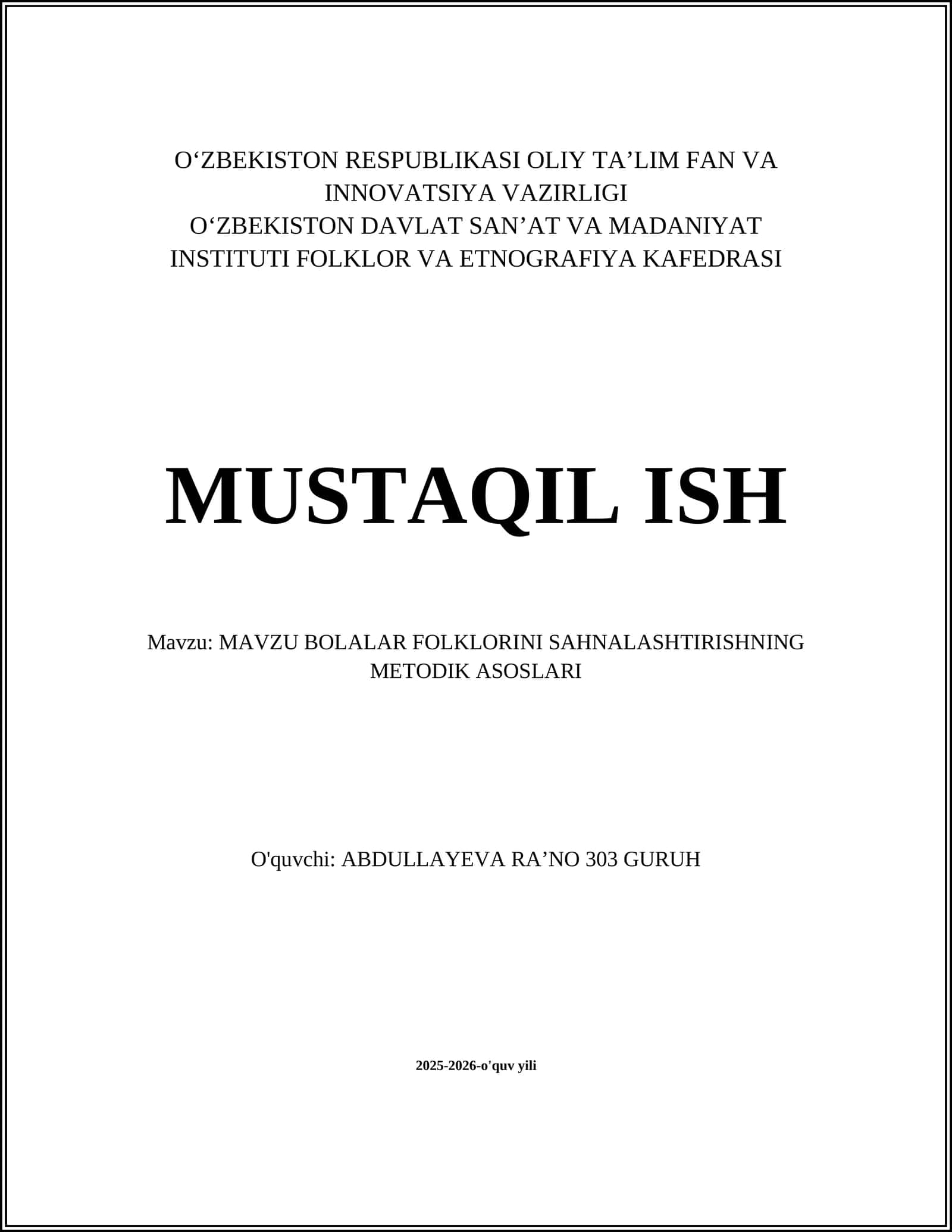 MAVZU BOLALAR FOLKLORINI SAHNALASHTIRISHNING METODIK ASOSLARI