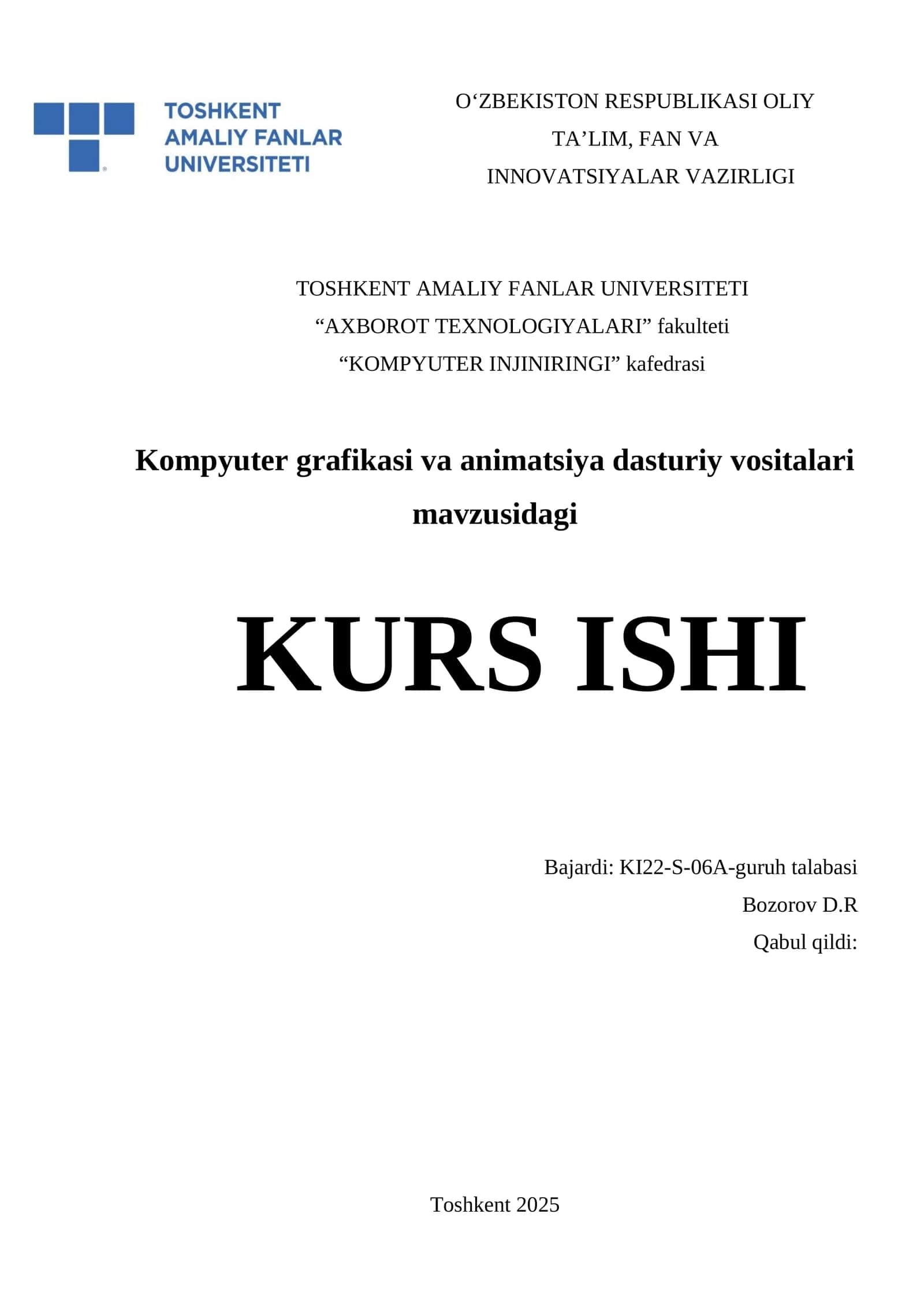 Kompyuter grafikasi va animatsiya dasturiy vositalari mavzusidagi KURS ISHI