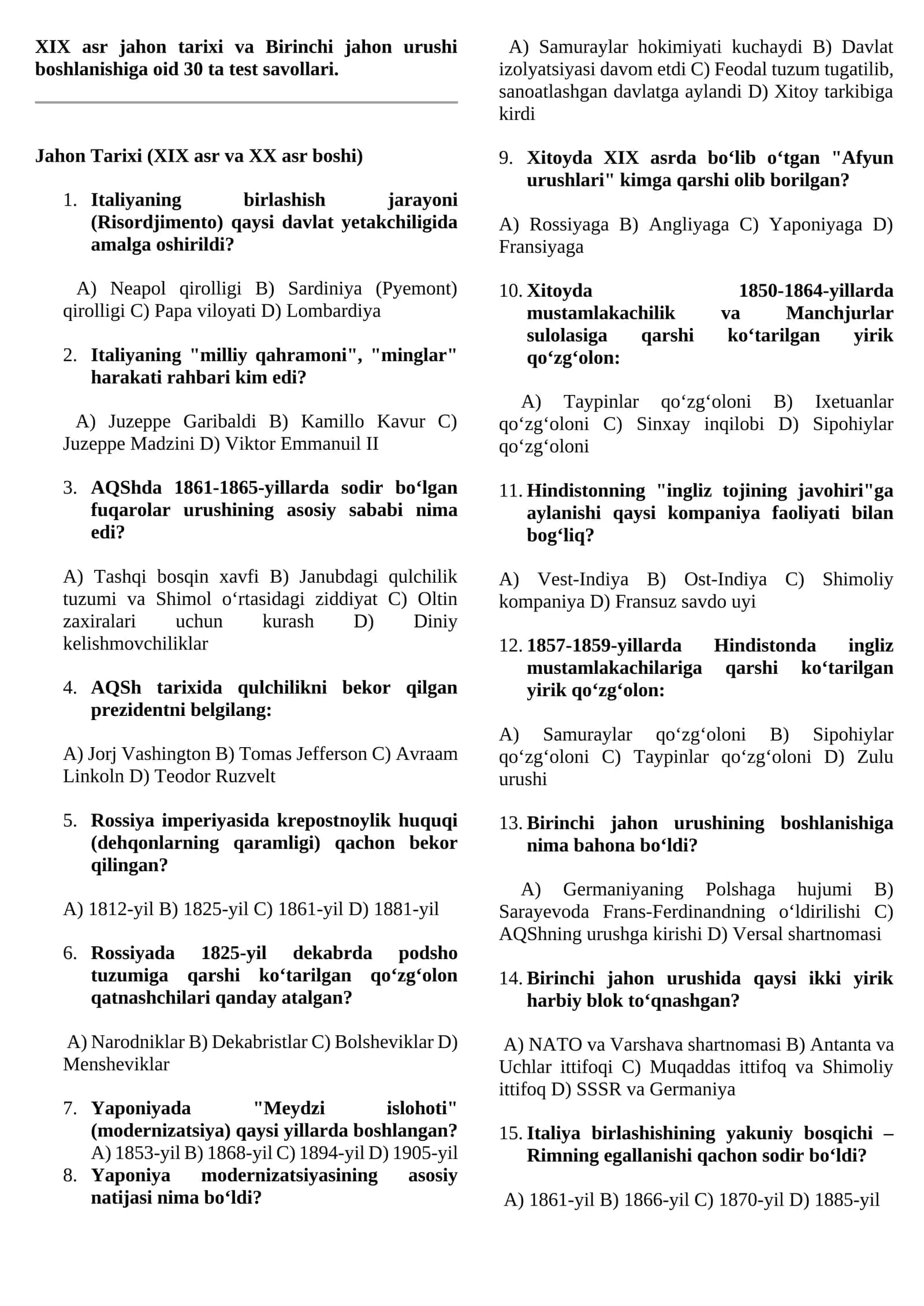 XIX asr jahon tarixi va Birinchi jahon urushi boshlanishiga oid 30 ta test savollari