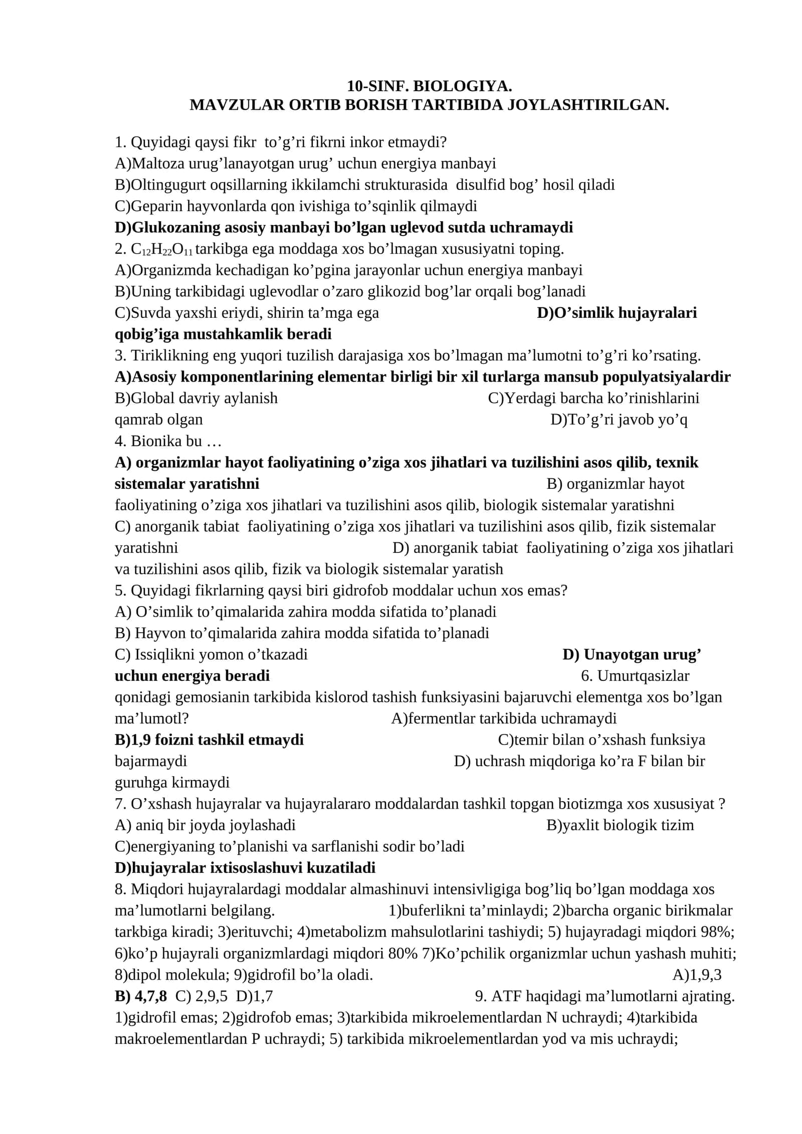 Biologiya fanidan 1200ta mavzulashtirilgan testlar javoblari bilan.