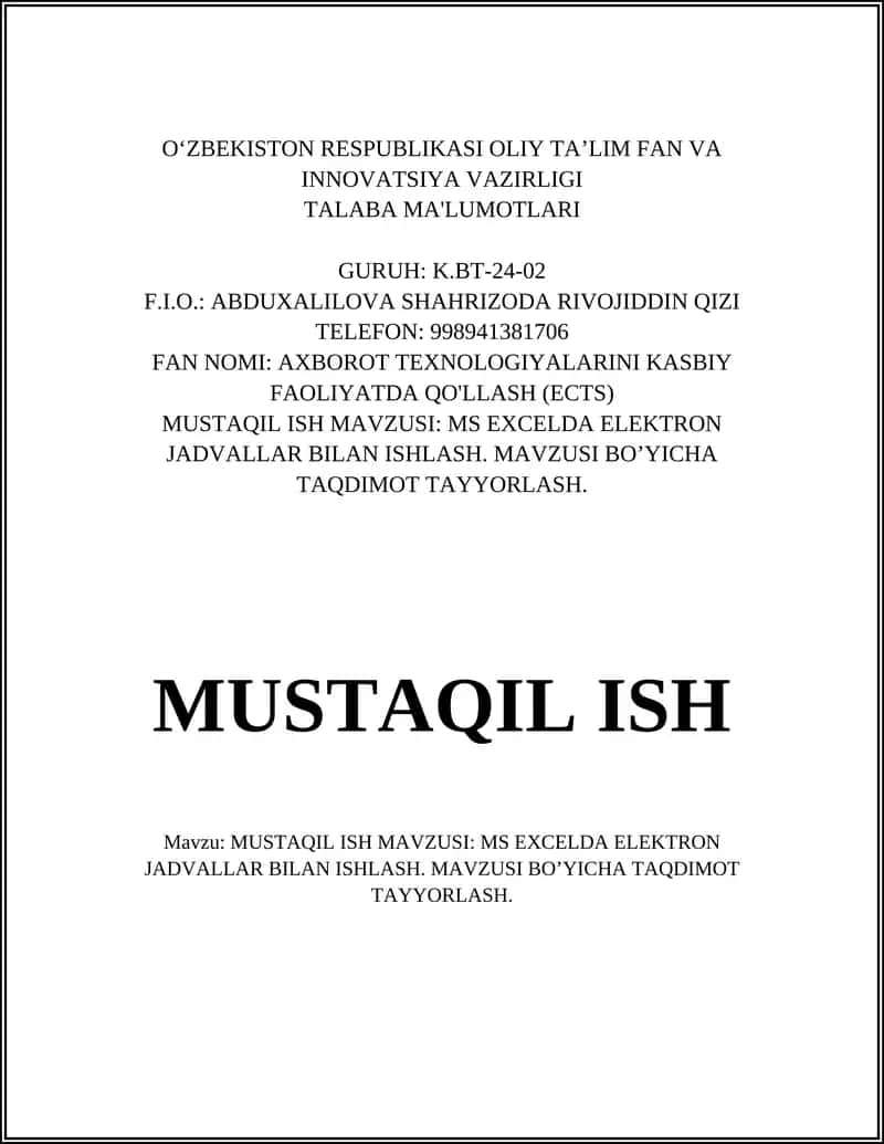 MS Excelda elektron jadvallar bilan ishlash