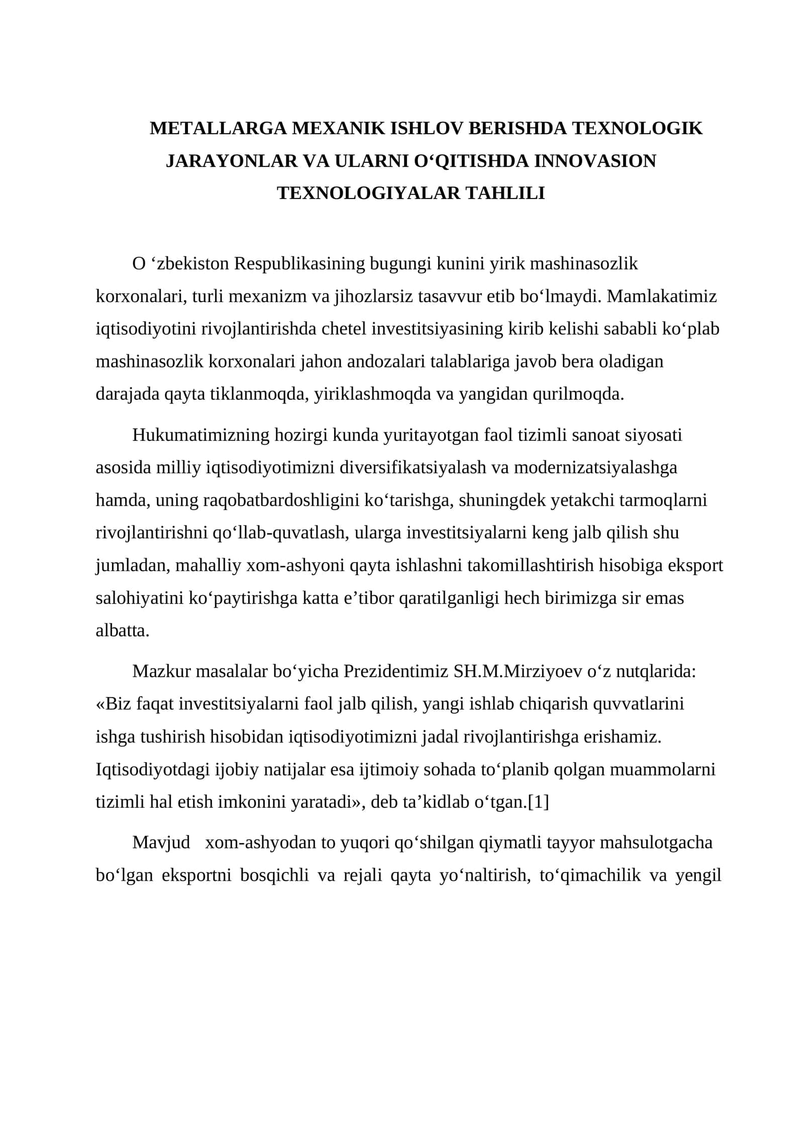 Metallarga Mexanik Ishlov Berishda Texnologik Jarayonlar Va Ularni Oβqitishda Innovasion