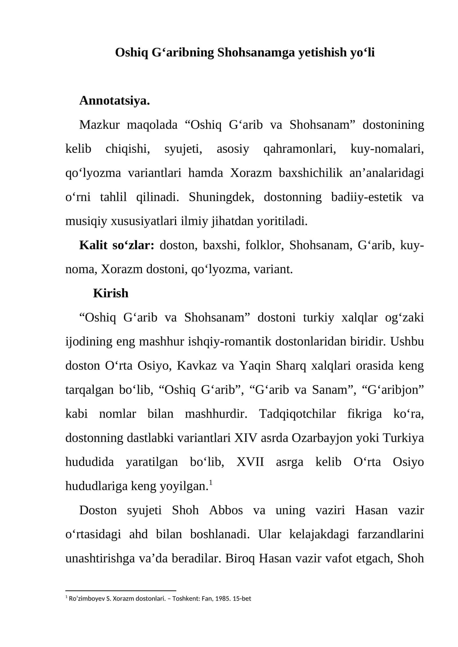 Oshiq G‘aribning Shohsanamga yetishish yo‘li