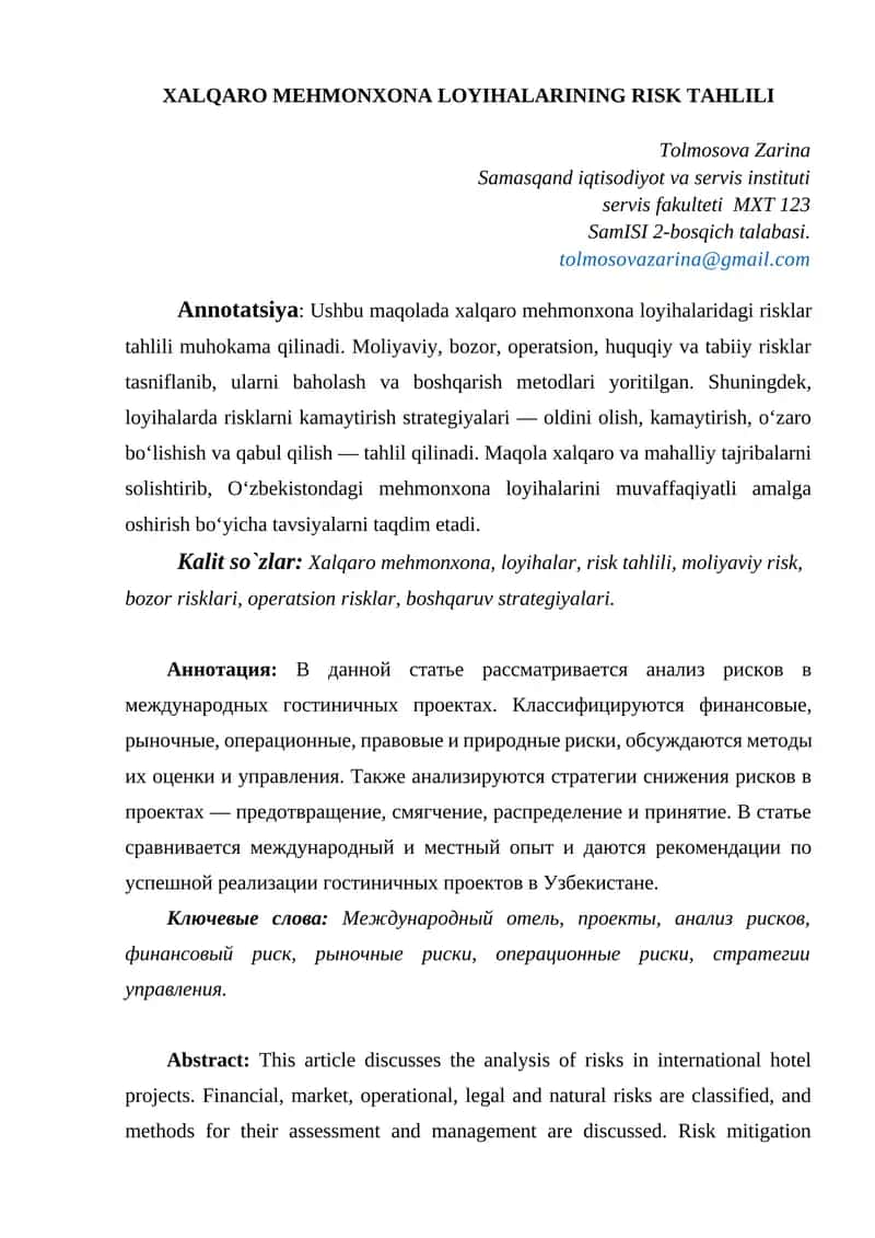 XALQARO MEHMONXONA LOYIHALARINING RISK TAHLILI
