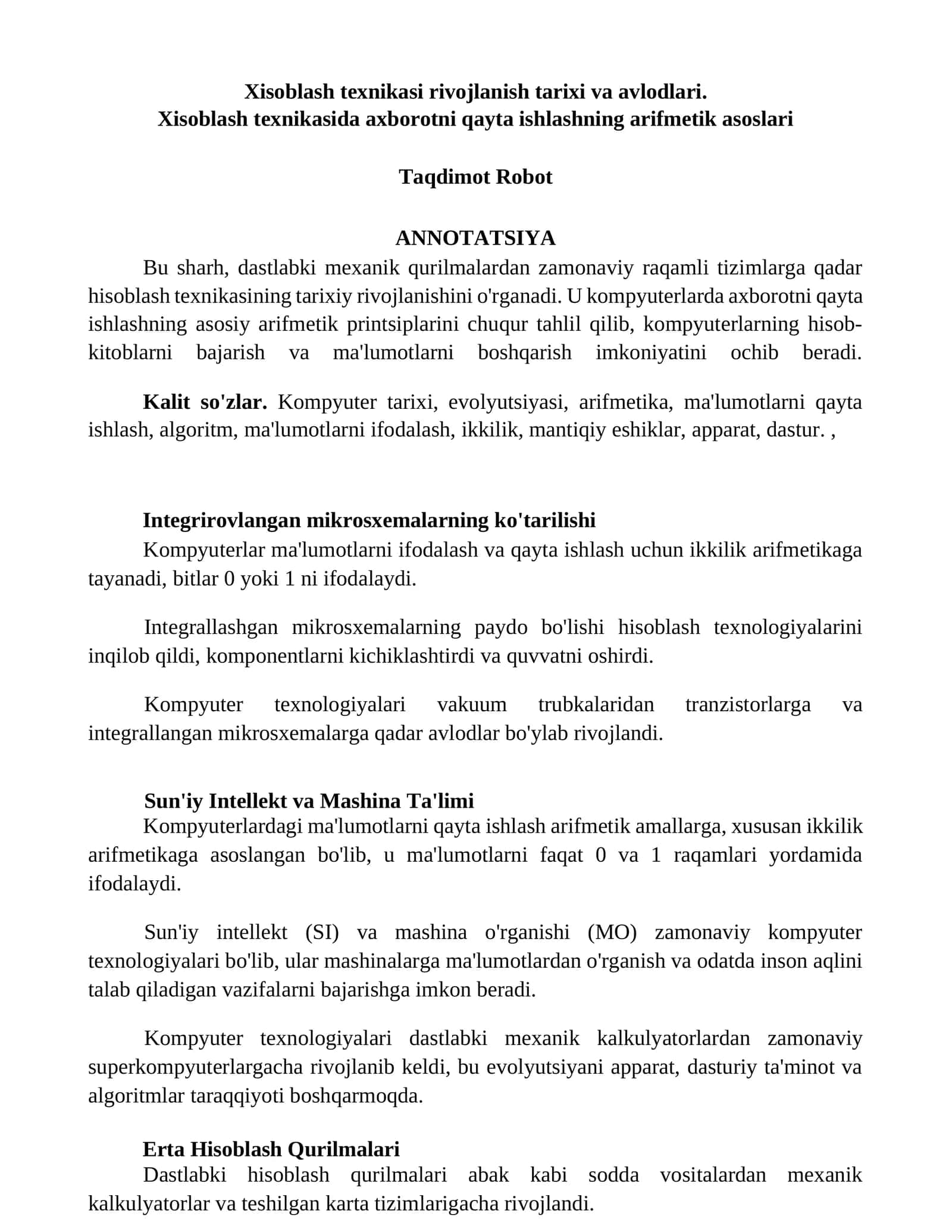 Xisoblash texnikasi rivojlanish tarixi va avlodlari