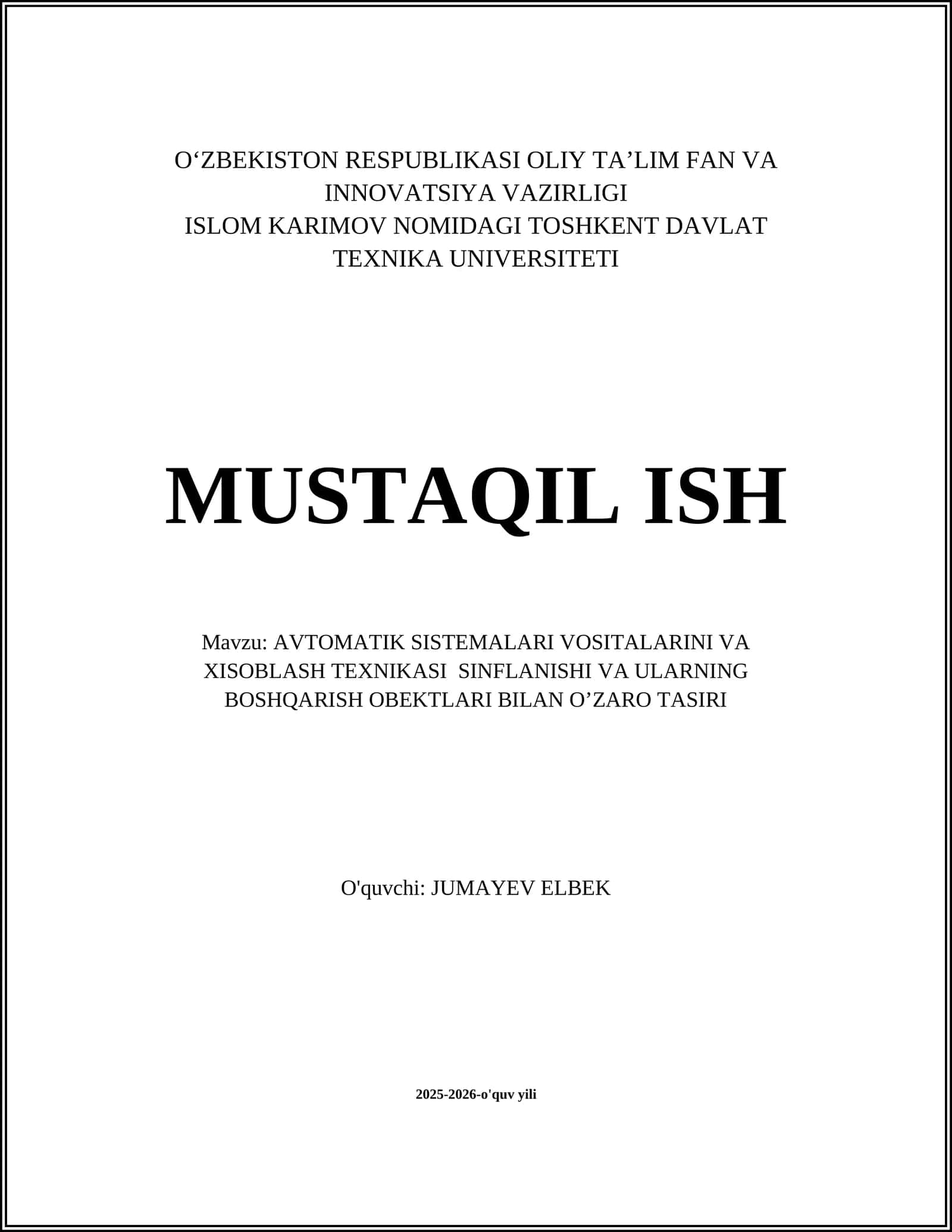 AVTOMATIK SISTEMALARI VOSITALARINI VA XISOBLASH TEXNIKASI SINFLANISHI
