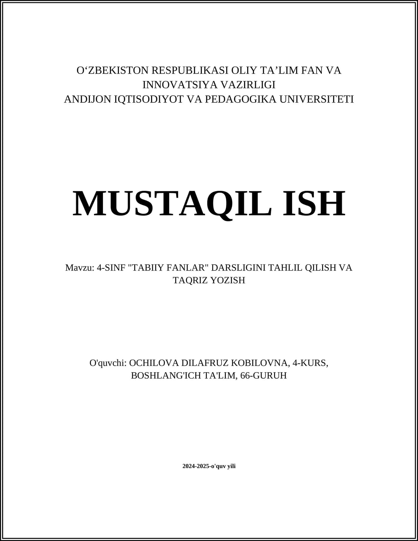 4-SINF "TABIIY FANLAR" DARSLIGINI TAHLIL QILISH VA TAQRIZ YOZISH