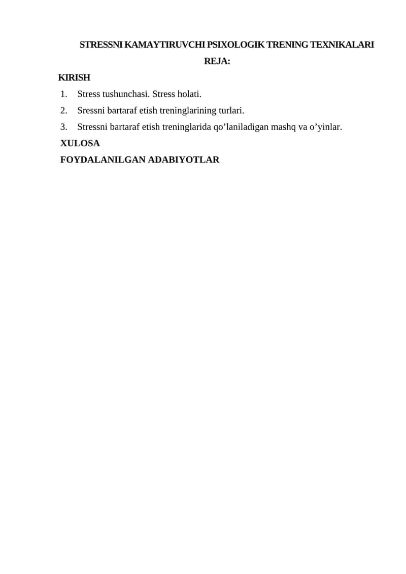 STRESSNI KAMAYTIRUVCHI PSIXOLOGIK TRENING TEXNIKALARI