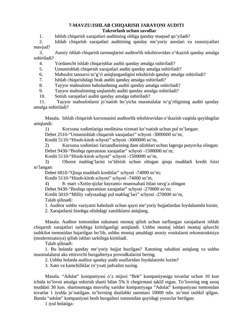 ISHLAB CHIQARISH JARAYONI AUDITI