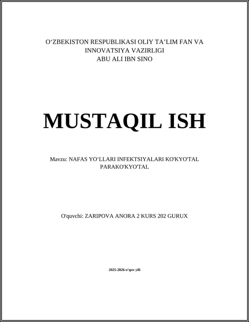 NAFAS YO'LLARI INFEKTSIYALARI KO'KYO'TAL PARAKO'KYO'TAL