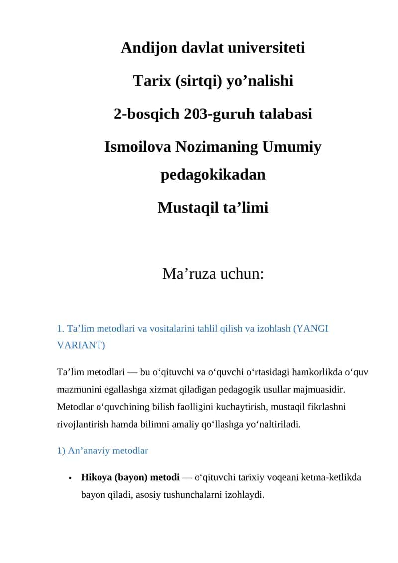 Ta'lim metodlari va vositalarini tahlil qilish va izohlash (YANGI VARIANT)