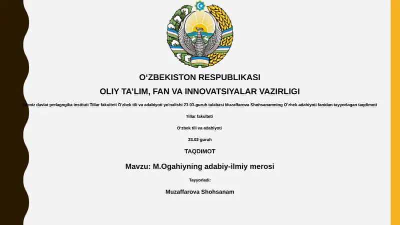 M.Ogahiyning adabiy-ilmiy merosi