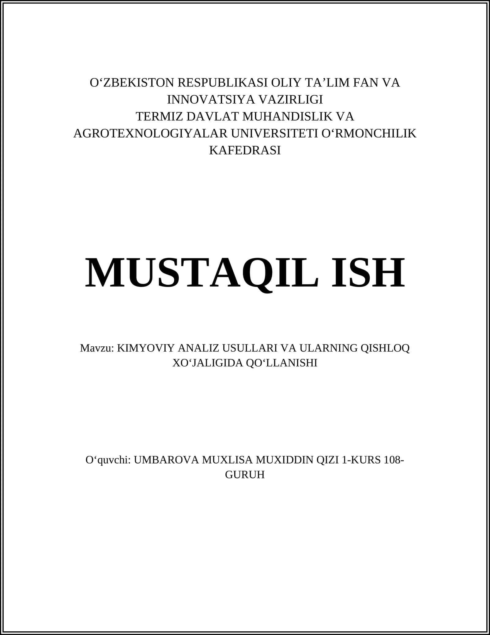 KIMYOVIY ANALIZ USULLARI VA ULARNING QISHLOQ XOʻJALIGIDA QOʻLLANISHI