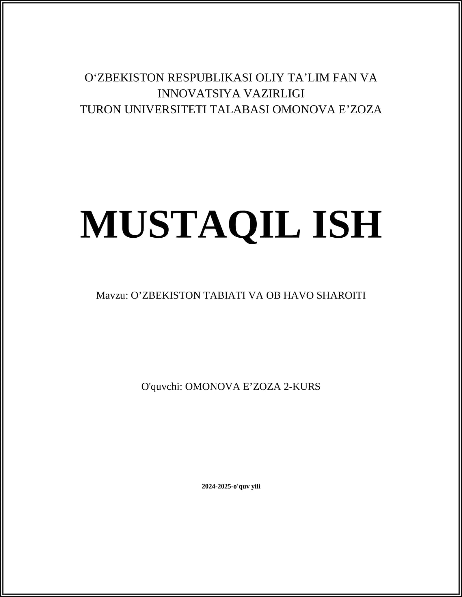 O’ZBEKISTON TABIATI VA OB HAVO SHAROITI