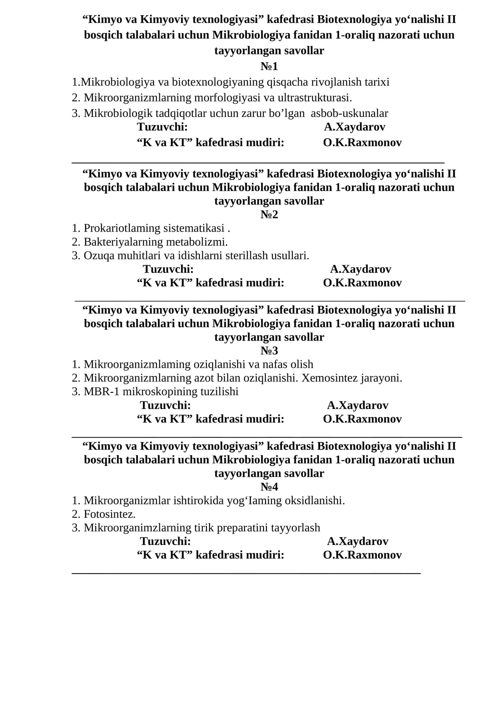 Biotexnologiya yo‘nalishi II bosqich talabalari uchun Mikrobiologiya fanidan 1-oraliq nazorati uchun tayyorlangan savollar