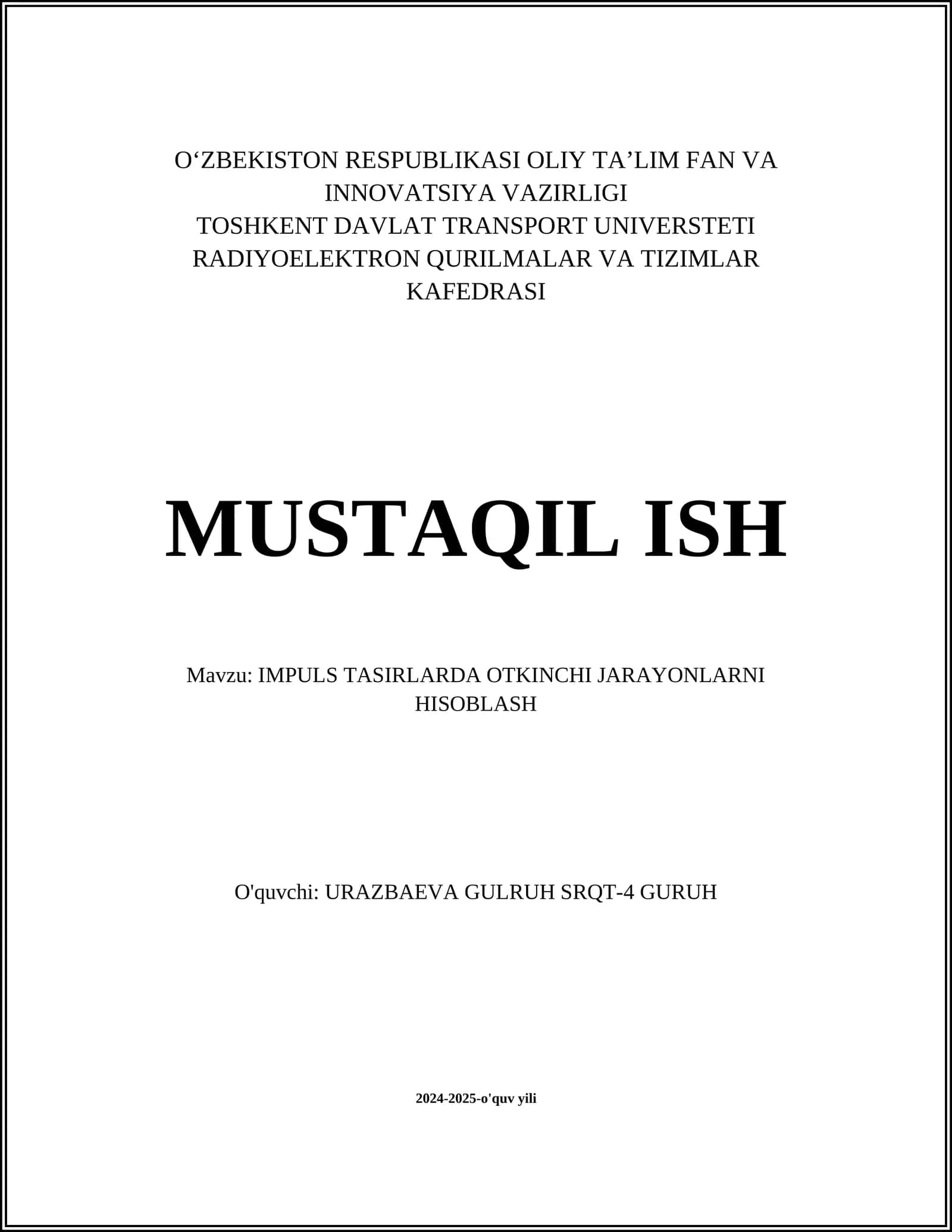 IMPULS TASIRLARDA OTKINCHI JARAYONLARNI HISOBLASH