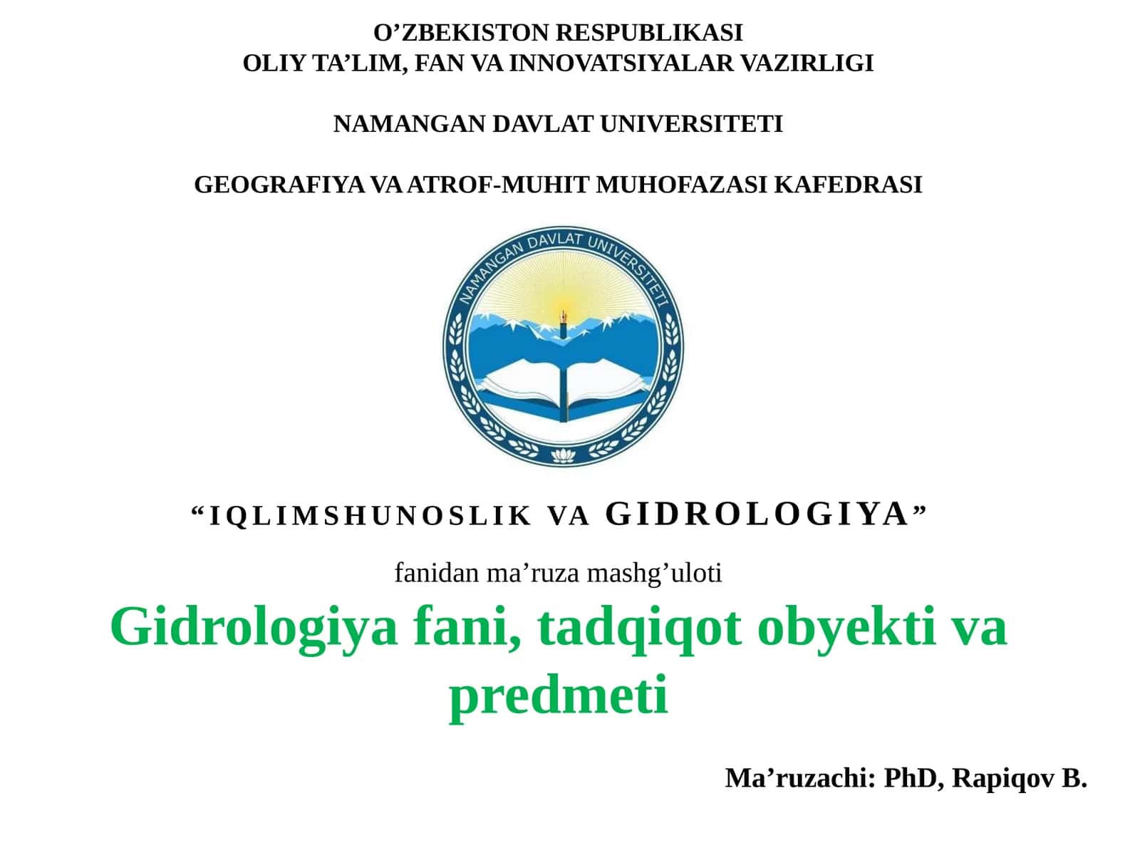 IQLIMSHUNOSLIK VAGIDROLOGIYA fanidanma’ruzama shg’uloti