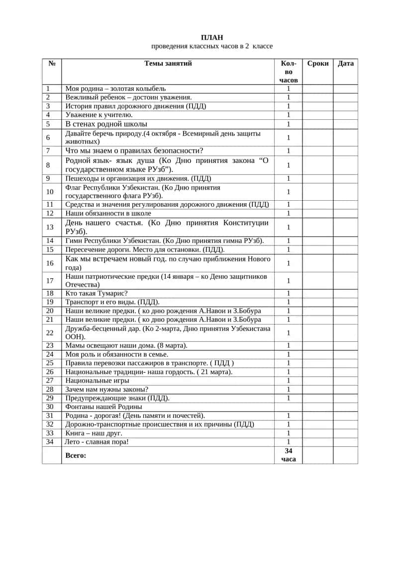 ПЛАН проведения классных часов в 2 классе