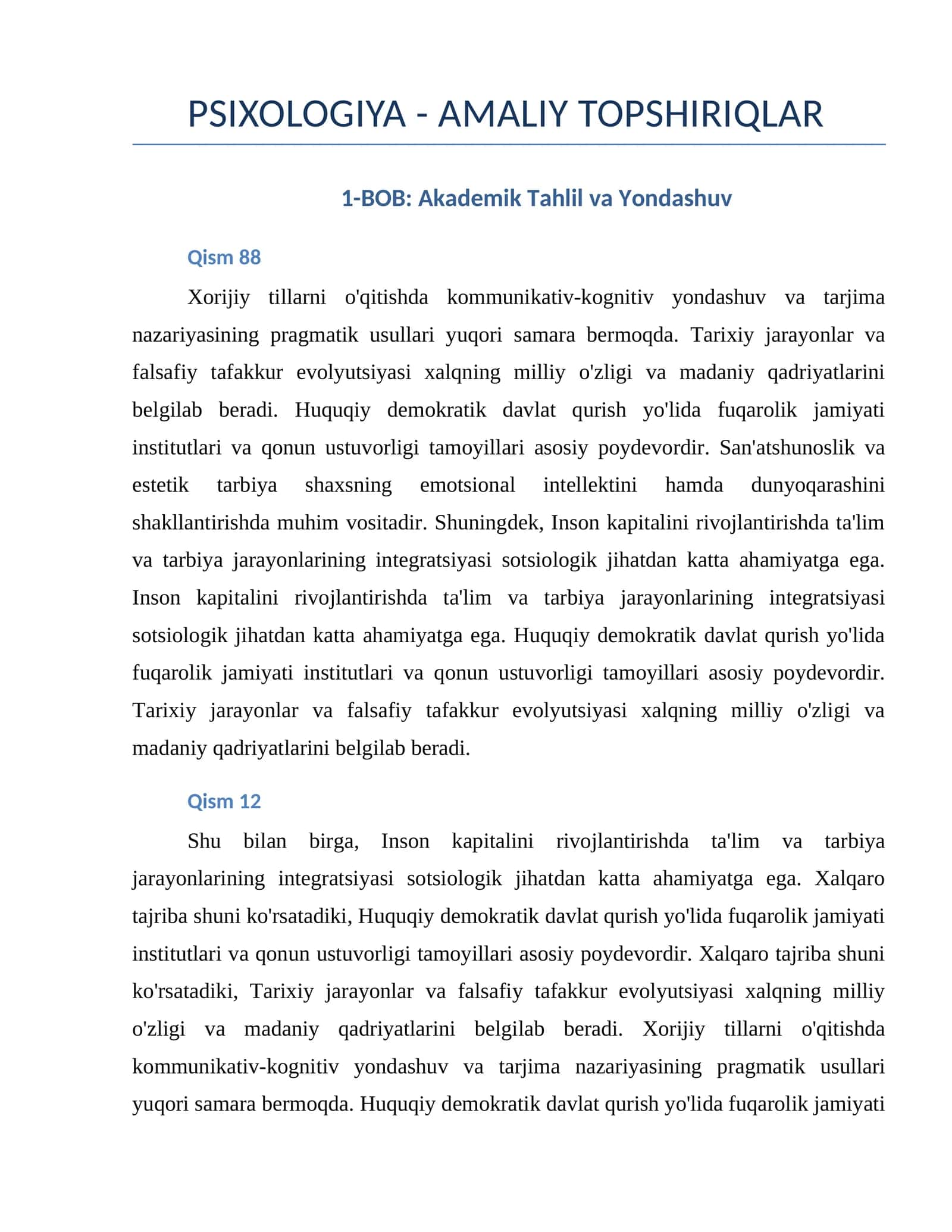 PSIXOLOGIYA - AMALIY TOPSHIRIQLAR