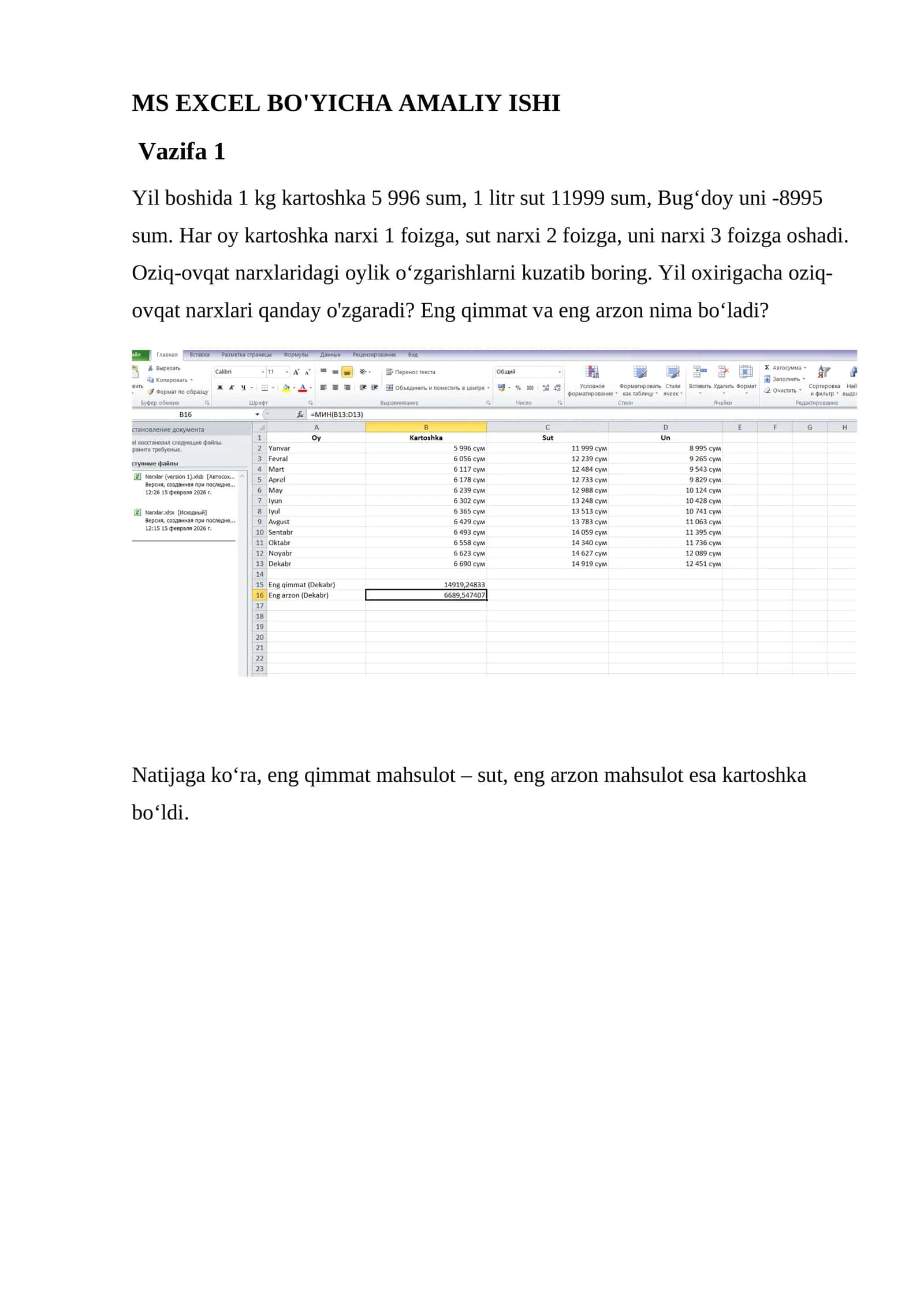 MS EXCEL BO'YICHA AMALIY ISHI