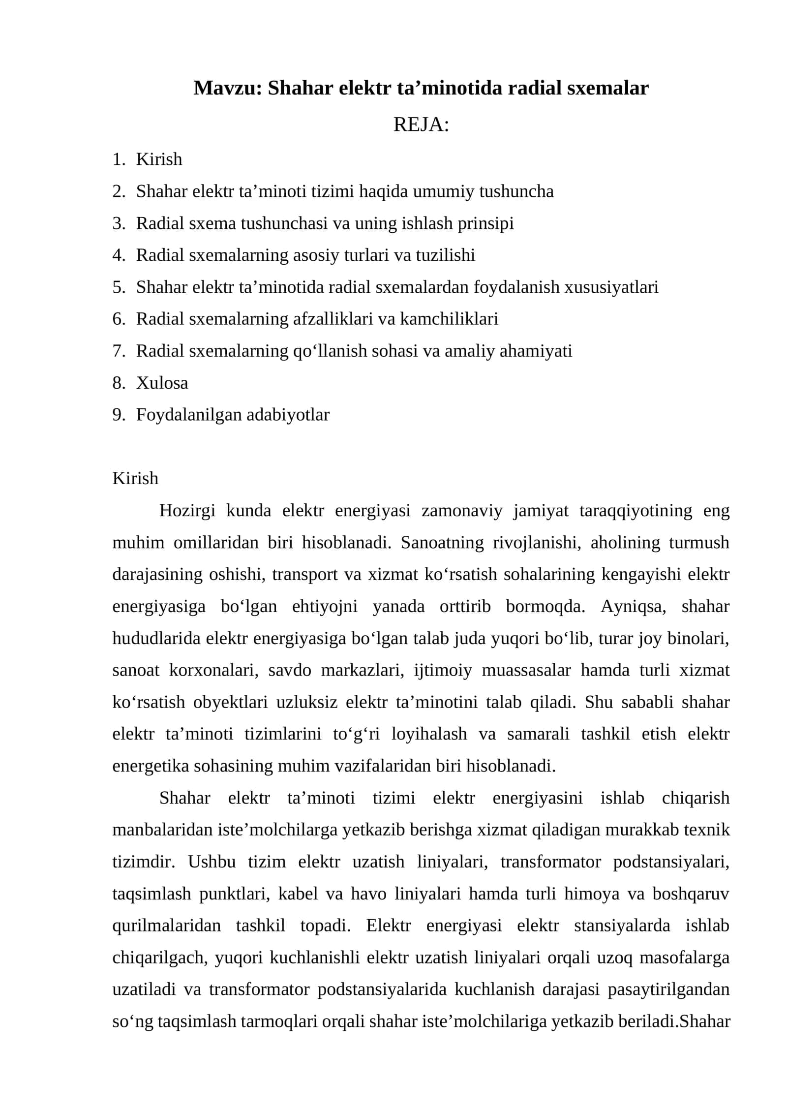 Shahar elektr ta’minotida radial sxemalar