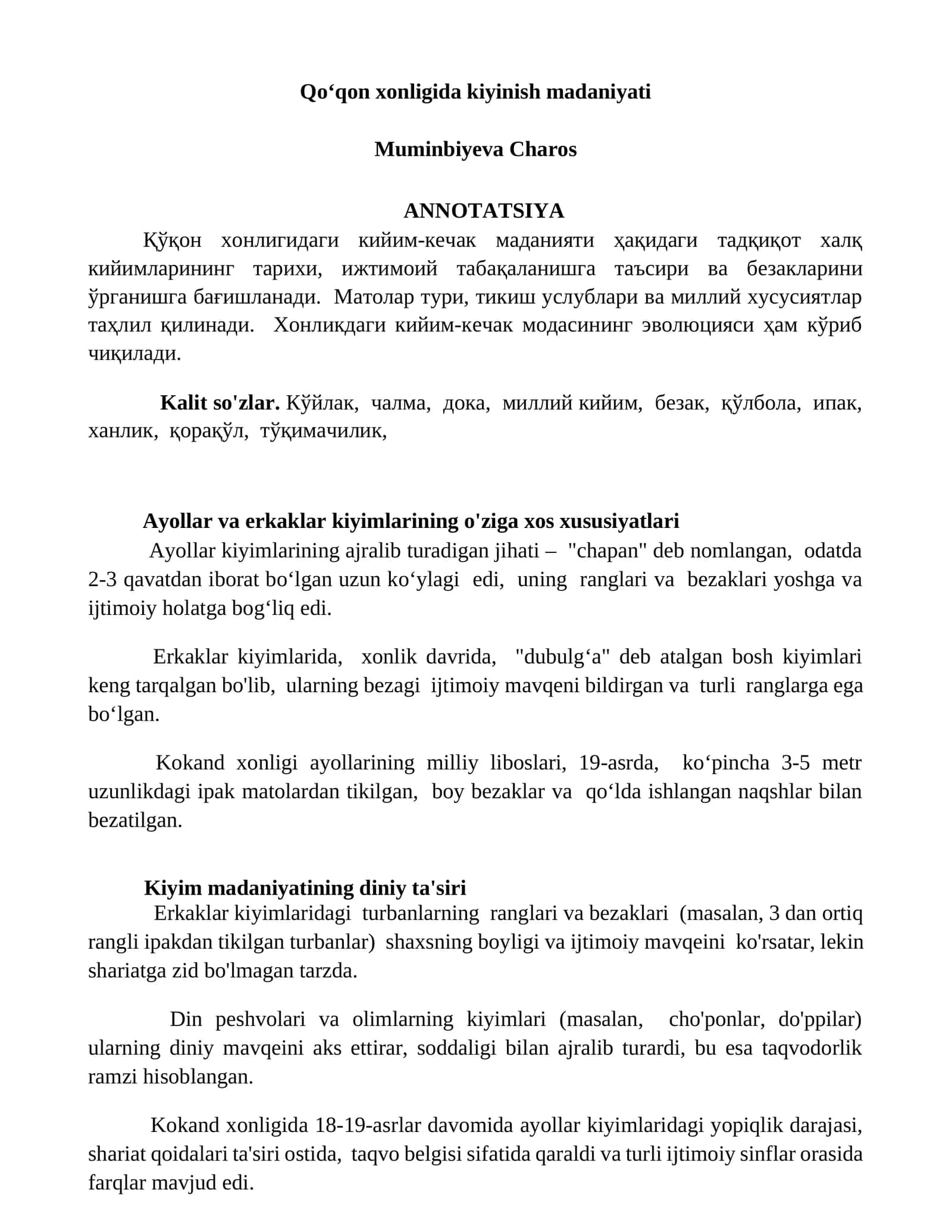 Qo‘qon xonligida kiyinish madaniyati