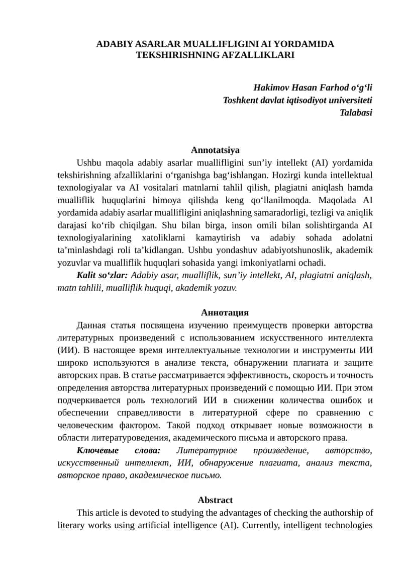 Adabiy asarlar muallifligini AI yordamida tekshirishning afzalliklari