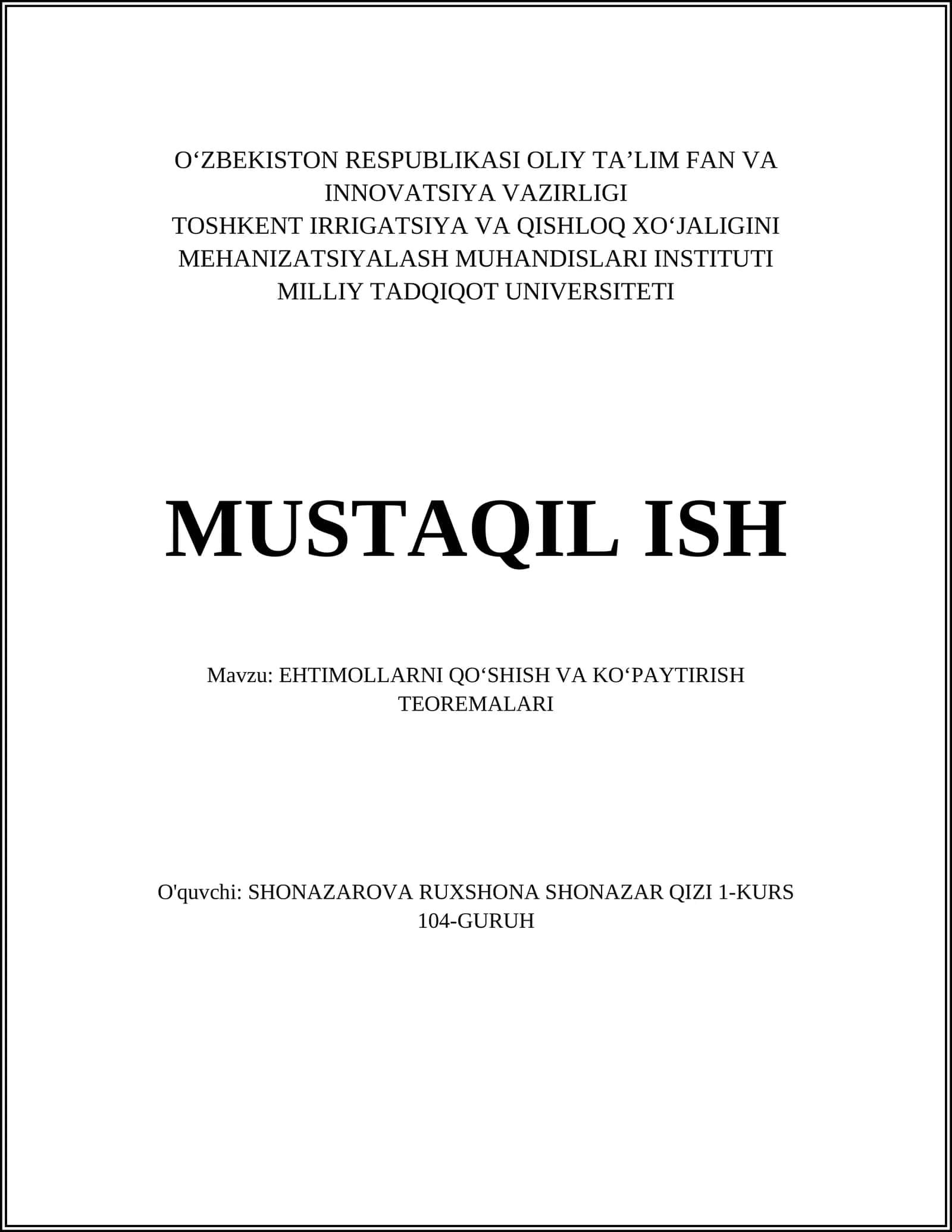 EHTIMOLLARNI QOʻSHISH VA KOʻPAYTIRISH TEOREMALARI