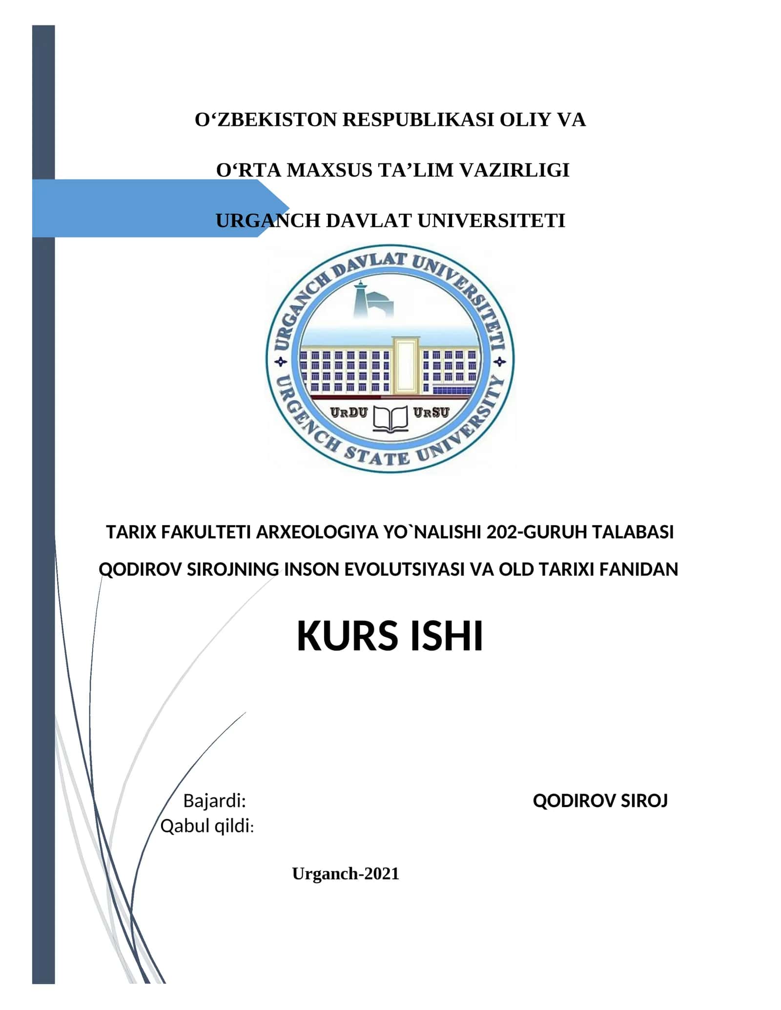 Inson Evolutsiyasi va Old Tarixi Fanidan Kurs Ishi