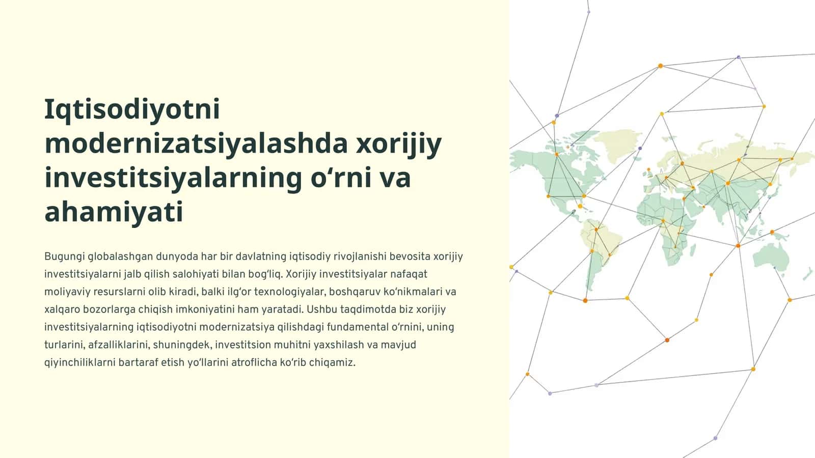 Iqtisodiyotni modernizatsiyalashda xorijiy investitsiyalarning oʻrni va ahamiyati
