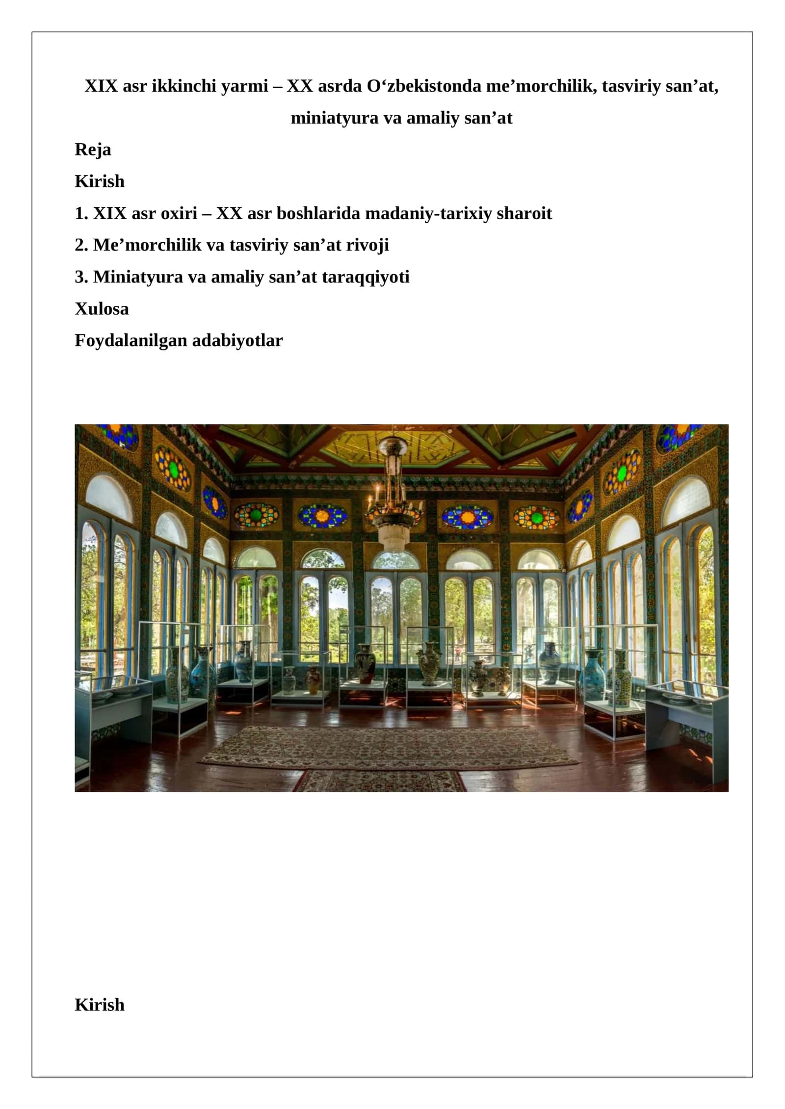 XIX asr ikkinchi yarmi – XX asrda O‘zbekistonda me’morchilik, tasviriy san’at, miniatyura va amaliy san’at