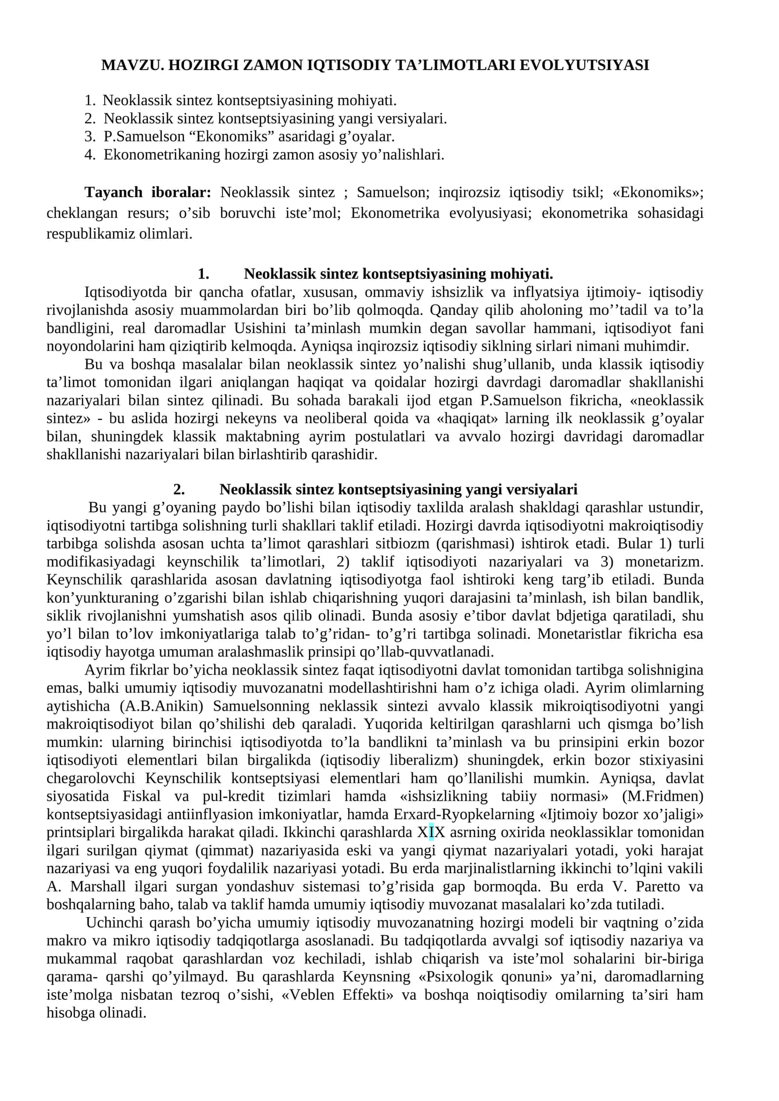 MAVZU. HOZIRGI ZAMON IQTISODIY TA’LIMOTLARI EVOLYUTSIYASI