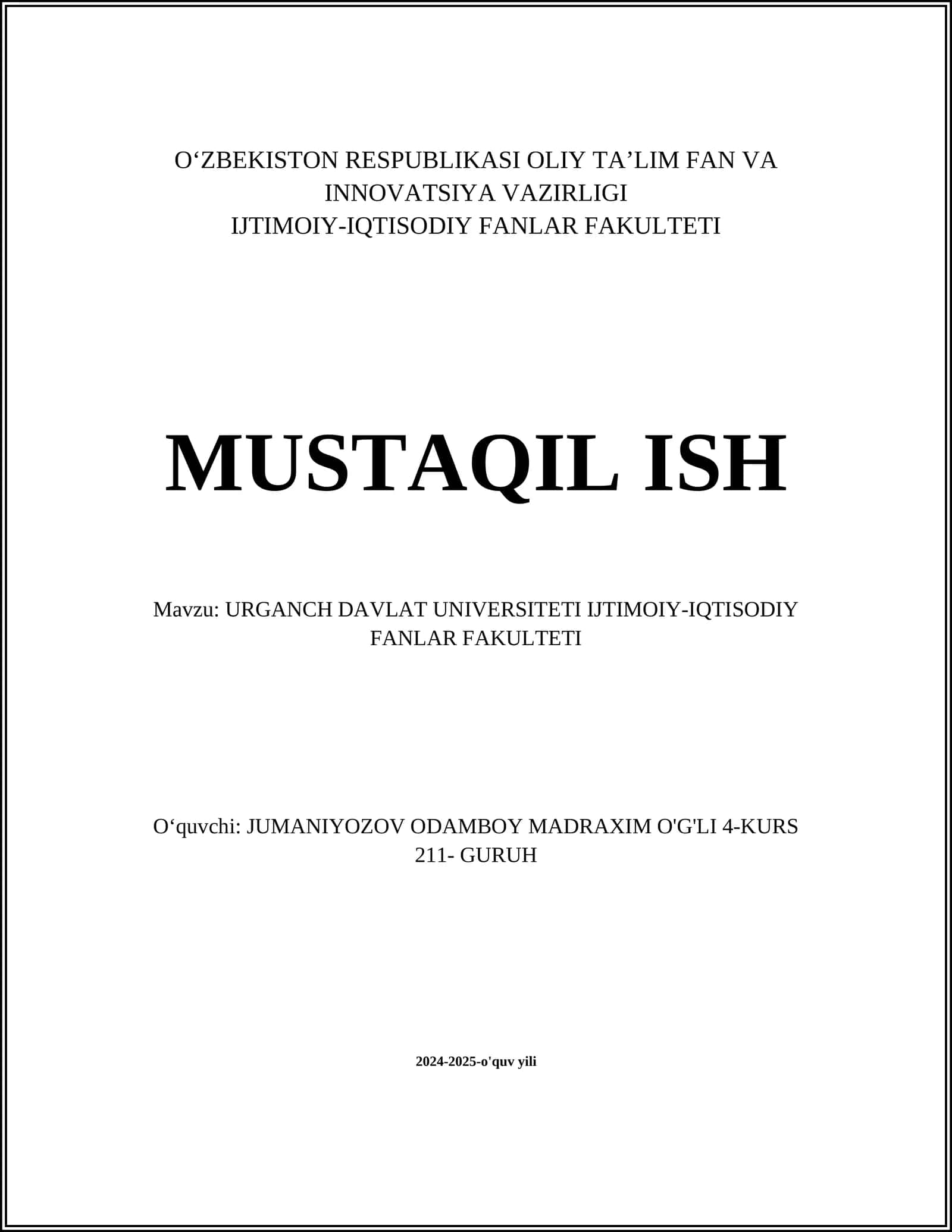 URGANCH DAVLAT UNIVERSITETI IJTIMOIY-IQTISODIY FANLAR FAKULTETI