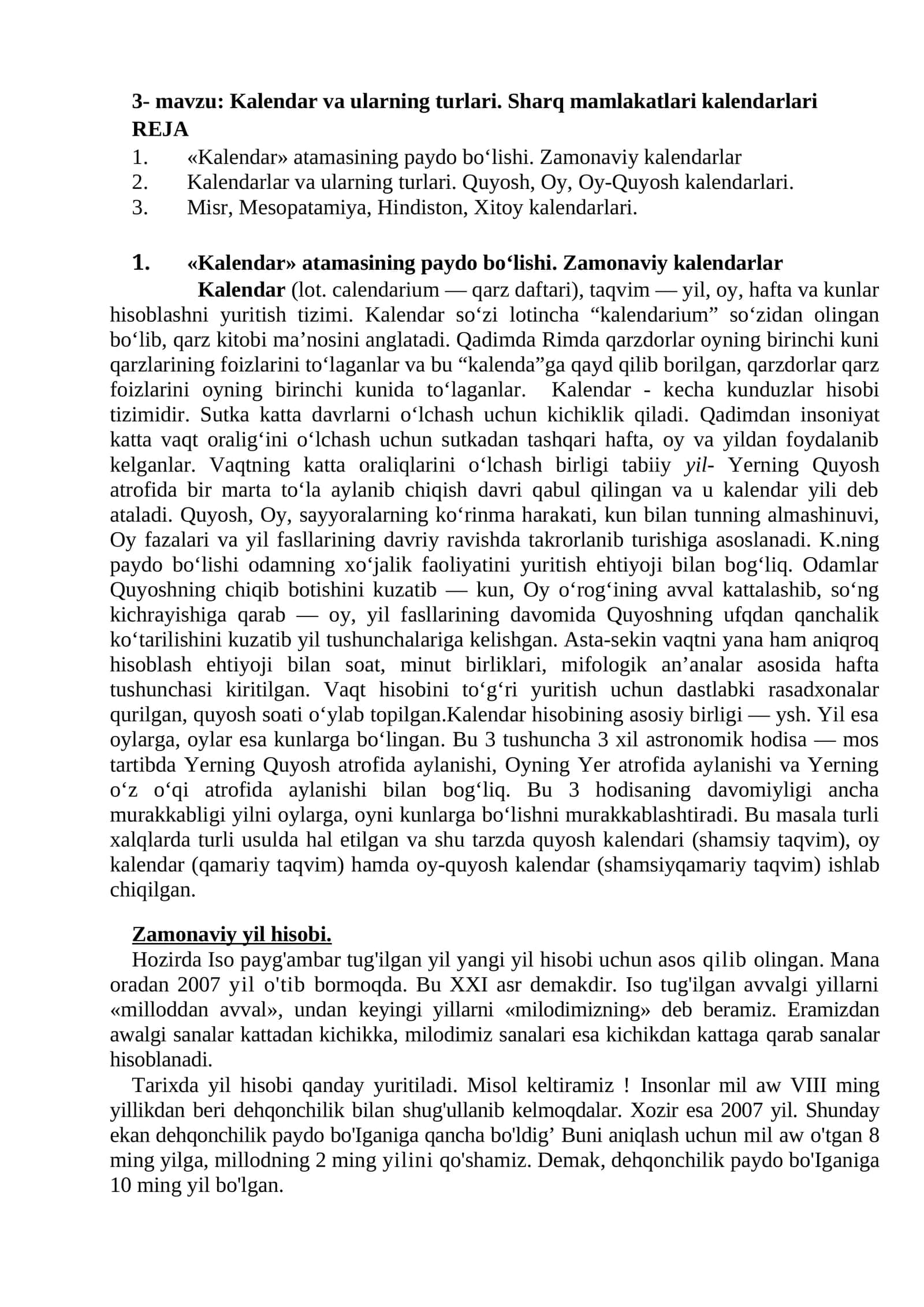 3- mavzu: Kalendar va ularning turlari. Sharq mamlakatlari kalendarlari