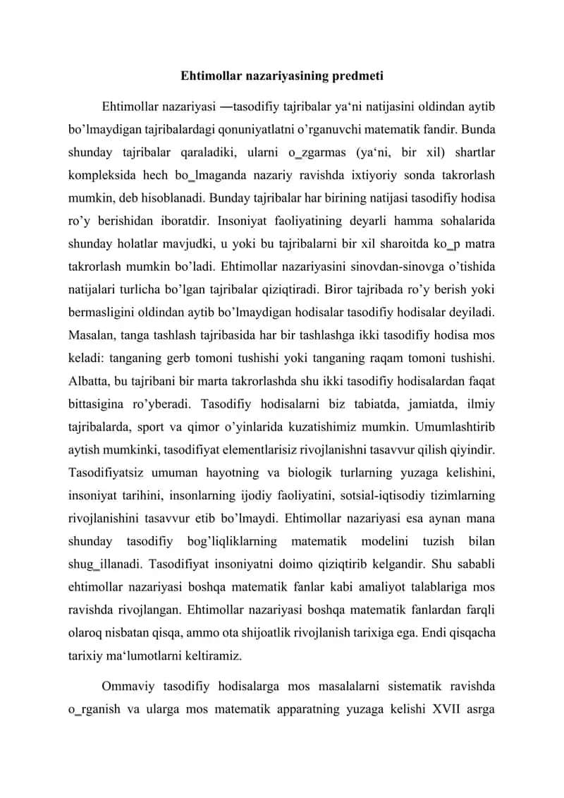 Ehtimollar Nazariyasi. Tasodifiy hodisalar, ularning klassifikatsiyasi