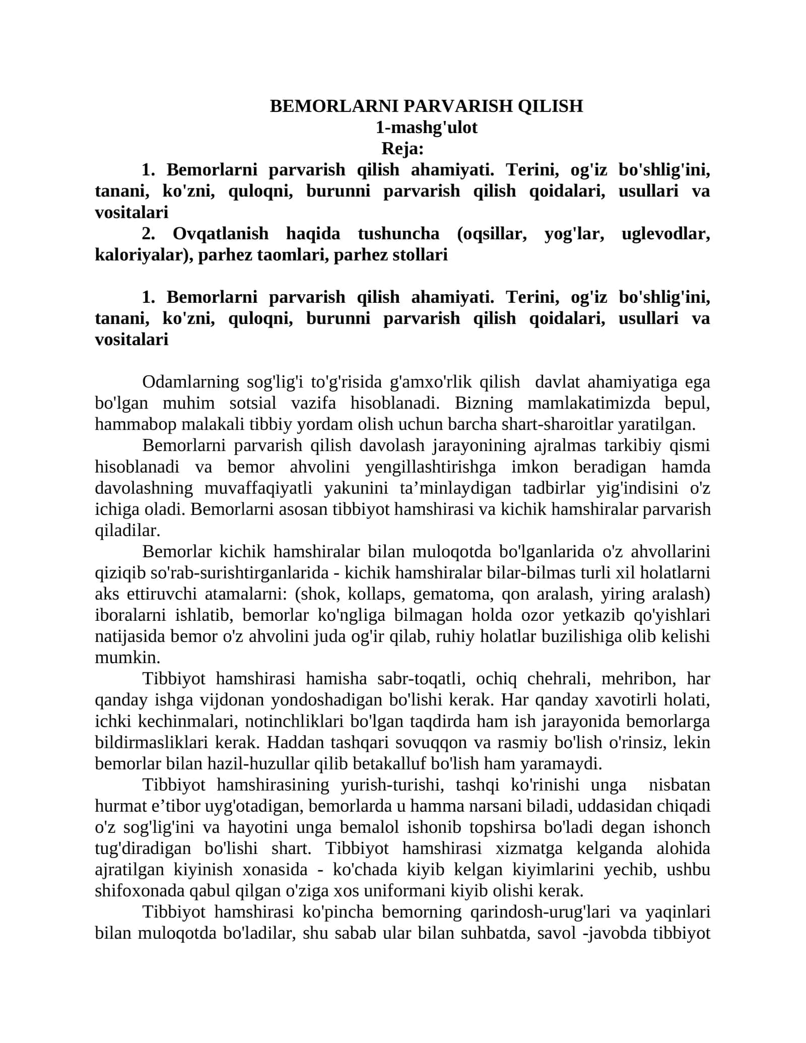 BEMORLARNI PARVARISH QILISH