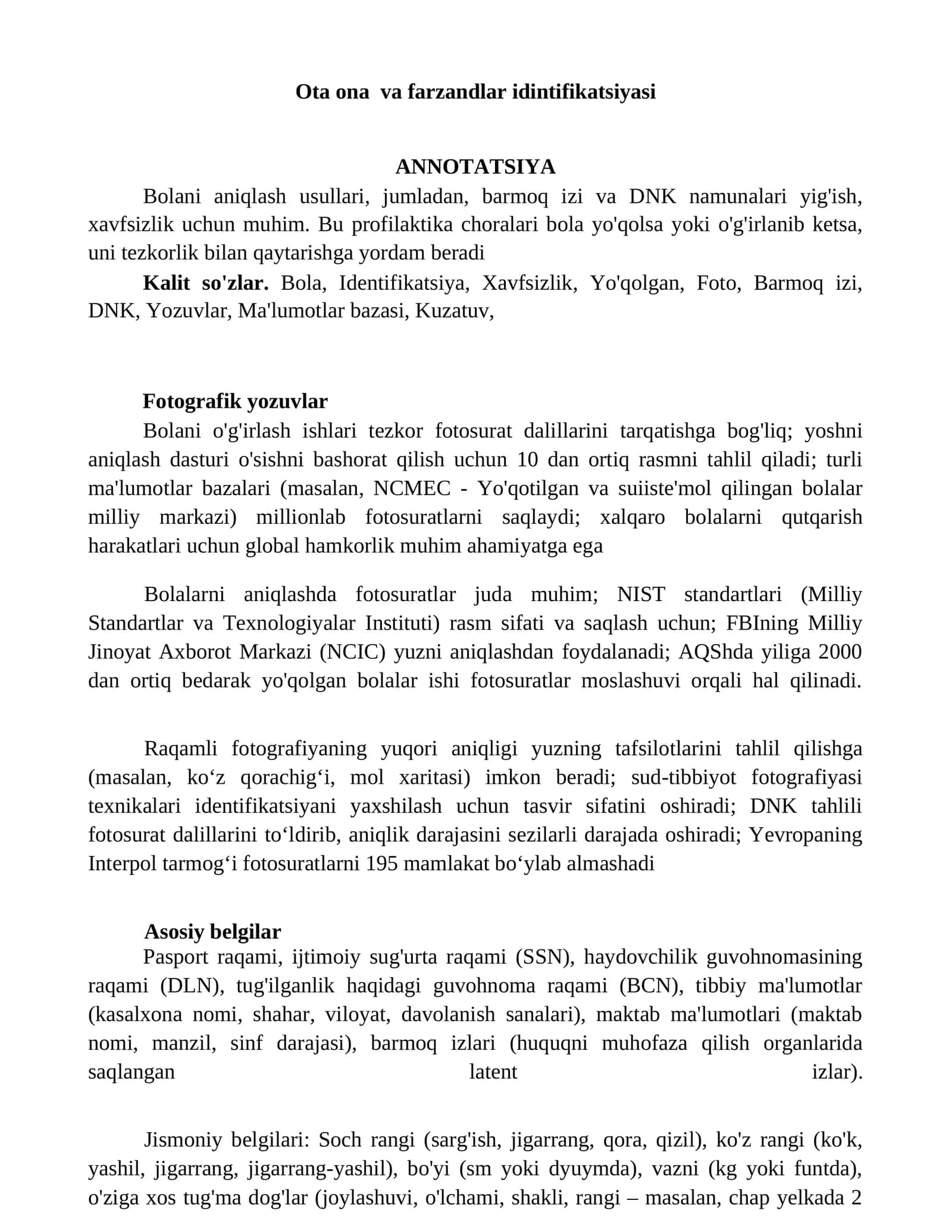 Ota ona va farzandlar idintifikatsiyasi