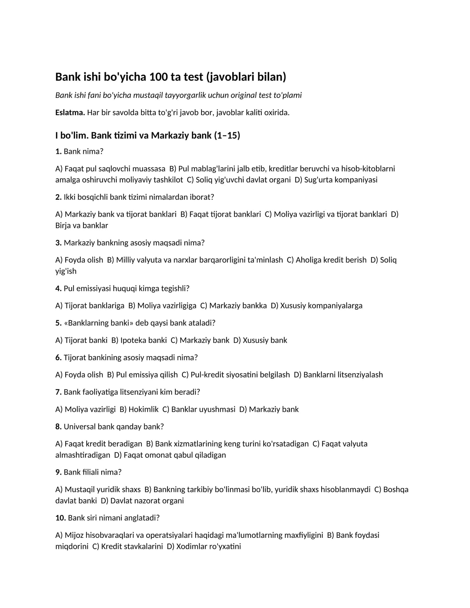 Bank ishi bo'yicha 100 ta test (javoblari bilan)