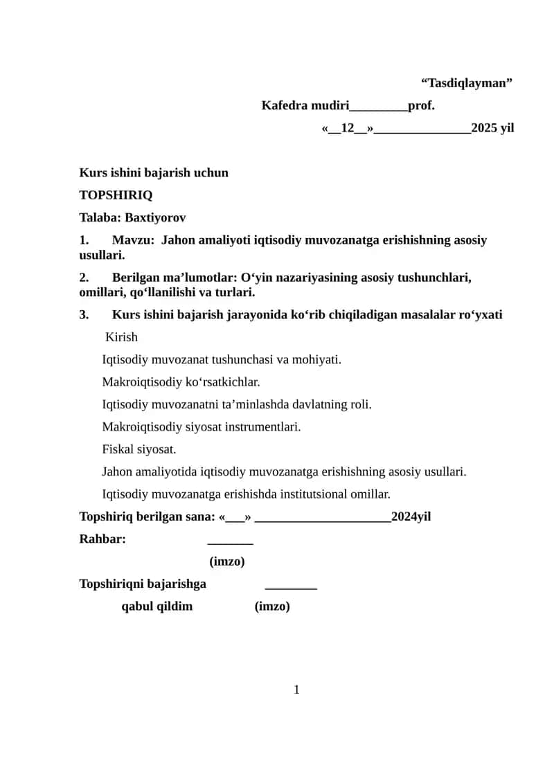Jahon amaliyoti iqtisodiy muvozanatga erishishning asosiy usullari