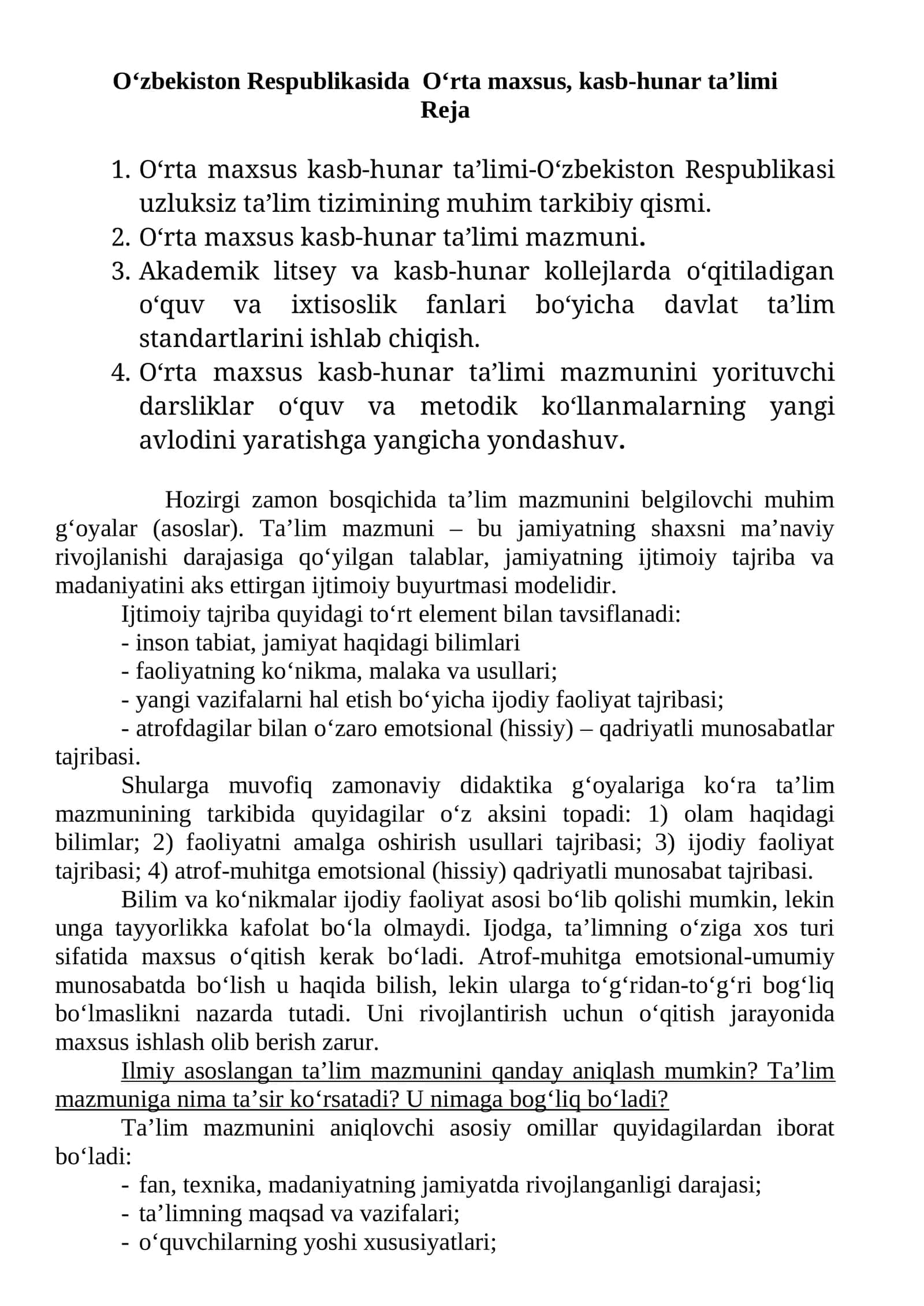 O‘zbekiston Respublikasida O‘rta maxsus, kasb-hunar ta’limi