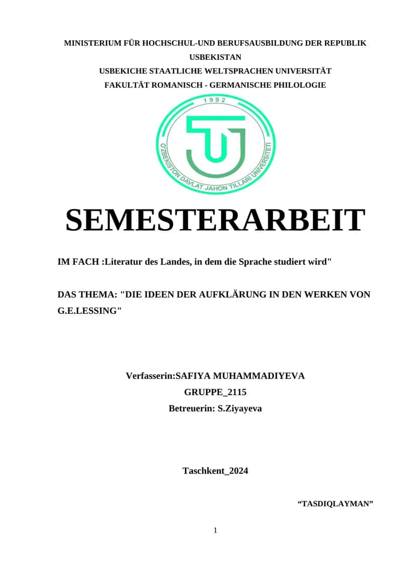 DIE IDEEN DER AUFKLÄRUNG IN DEN WERKEN VON G.E.LESSING